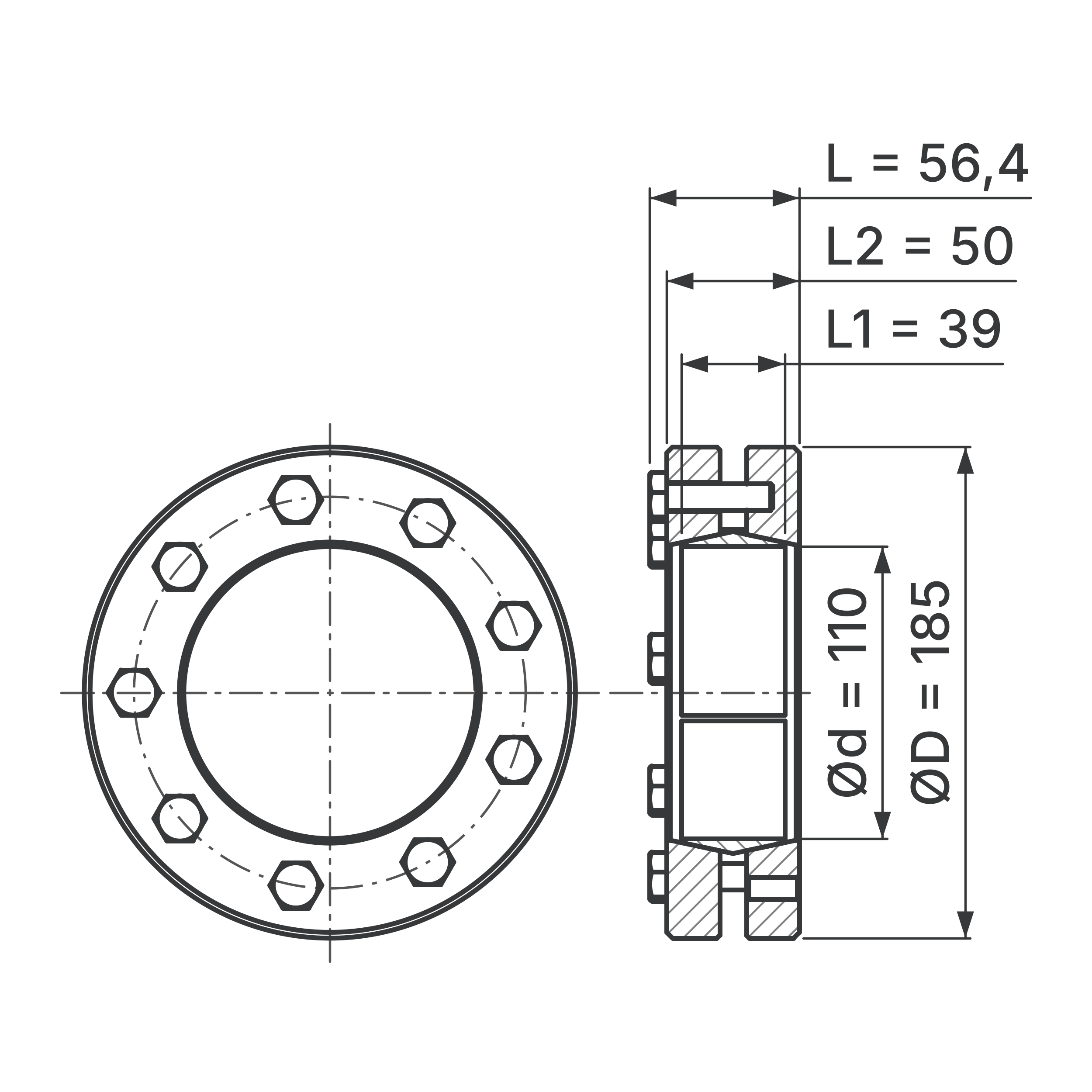 Maßskizze Schrumpfscheibe STW96-110x185: Bohrungs-Ø d, Außen-Ø D, L, L1, L2 in mm, schematisch