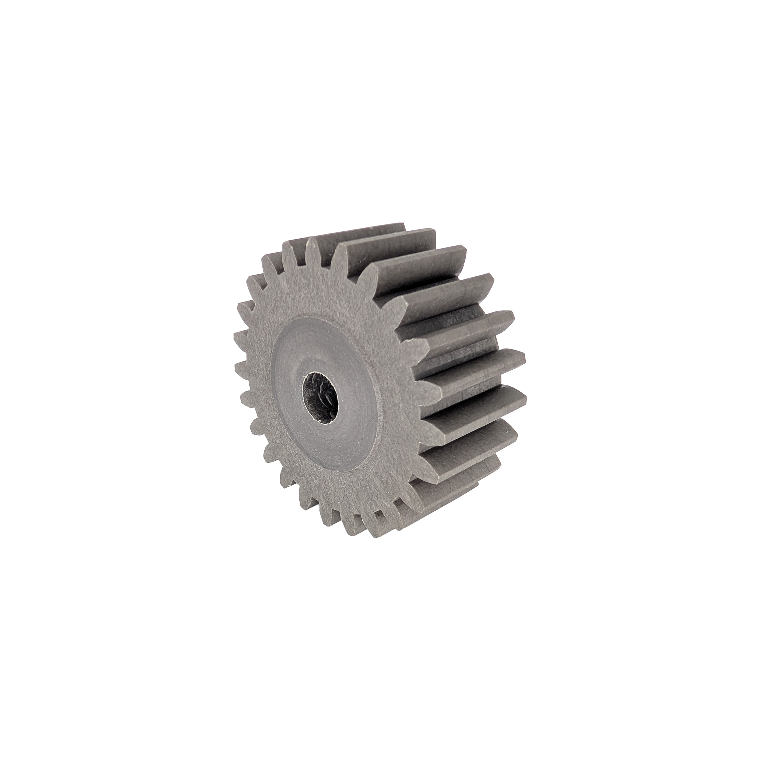 Stirnzahnrad aus Kunststoff mit Nabe – Rückansicht seitlich, Nabe links Seitliche Rückansicht eines Stirnzahnrads aus Kunststoff (PA6+FV) mit linksseitiger Nabe, zeigt Nabenrückseite und Zahnfußbereich