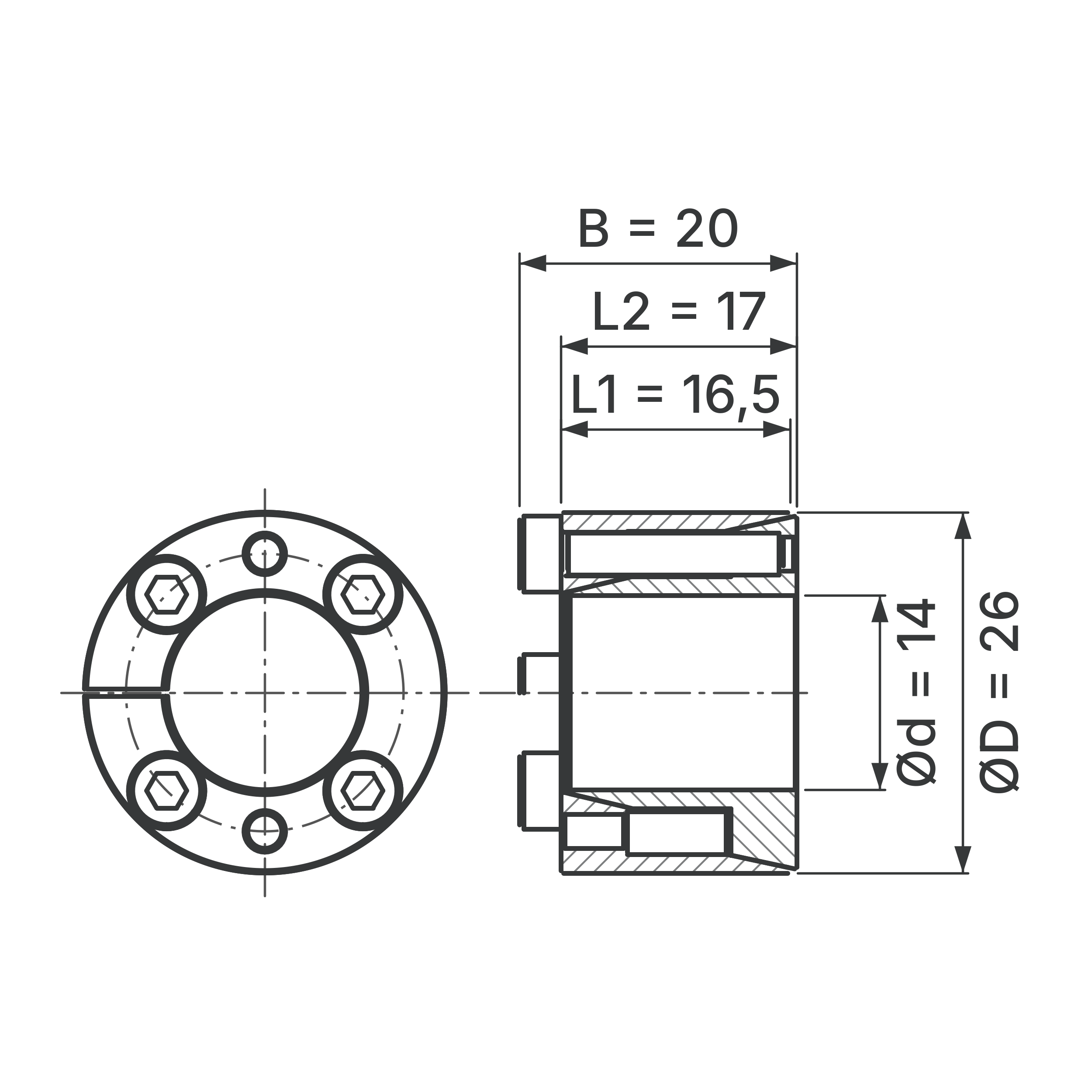 Maßskizze Spannsatz STW71-14x26: Wellen-Ø d, Außen-Ø D, L1, L2, B in mm, schematisch