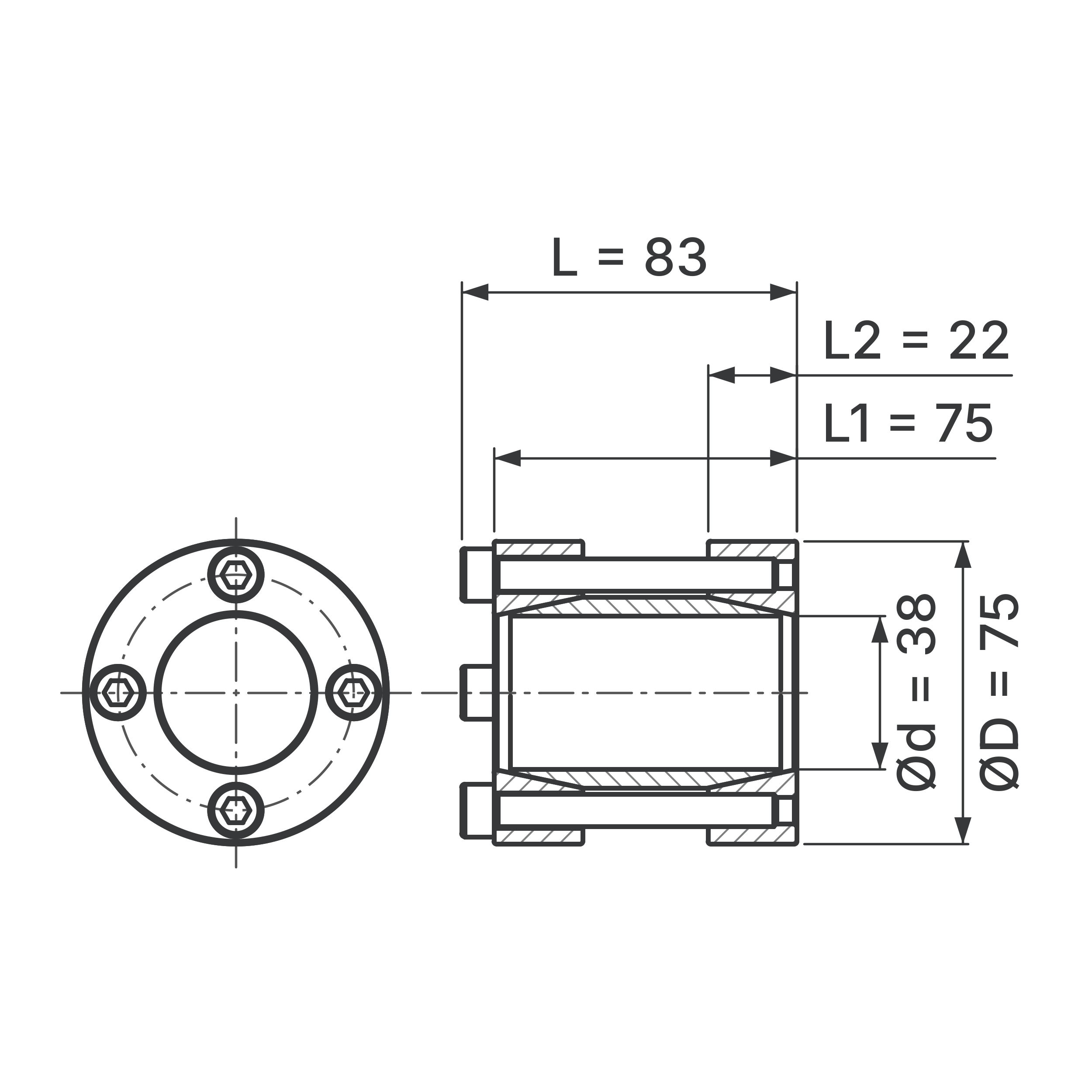 Maßskizze Starre Wellenkupplung STW72-38x75: Wellen-Ø d (beide Wellen), Außen-Ø D, L, L1, L2 in mm, schematisch
