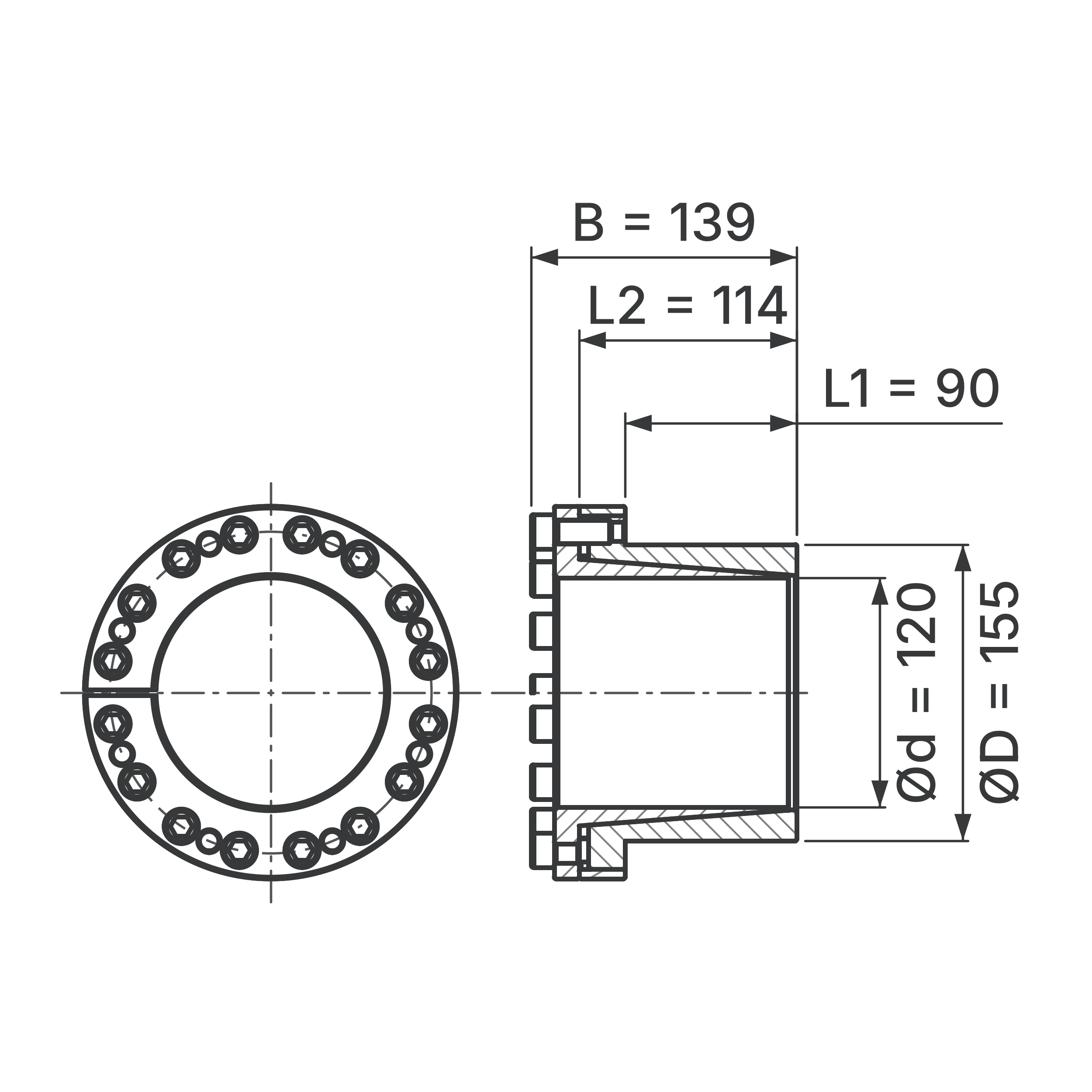 Maßskizze Spannsatz STW27-120x155: Wellen-Ø d, Außen-Ø D, L1, L2, B in mm, schematisch