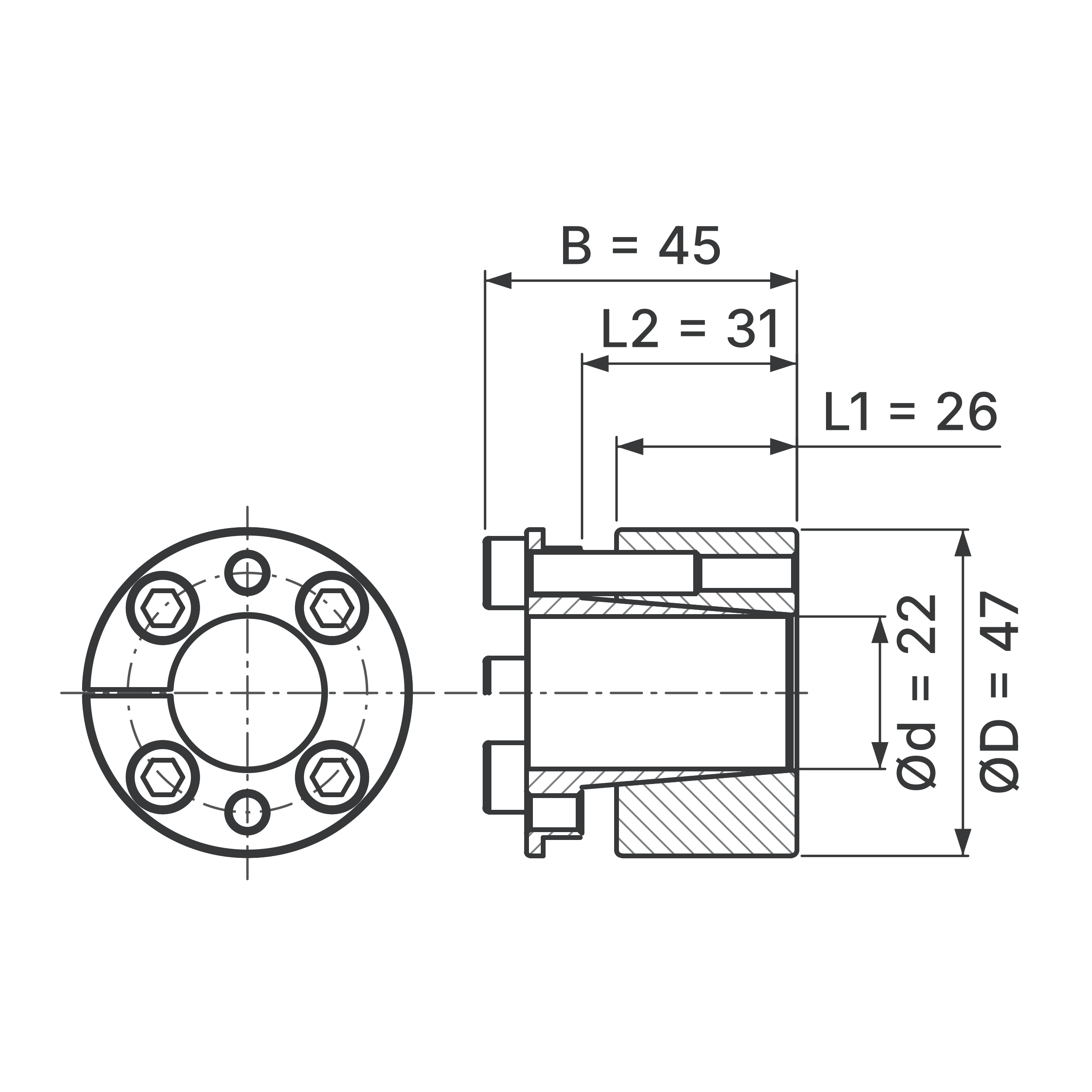 Maßskizze Spannsatz STW26-22x47: Wellen-Ø d, Außen-Ø D, L1, L2, B in mm, schematisch