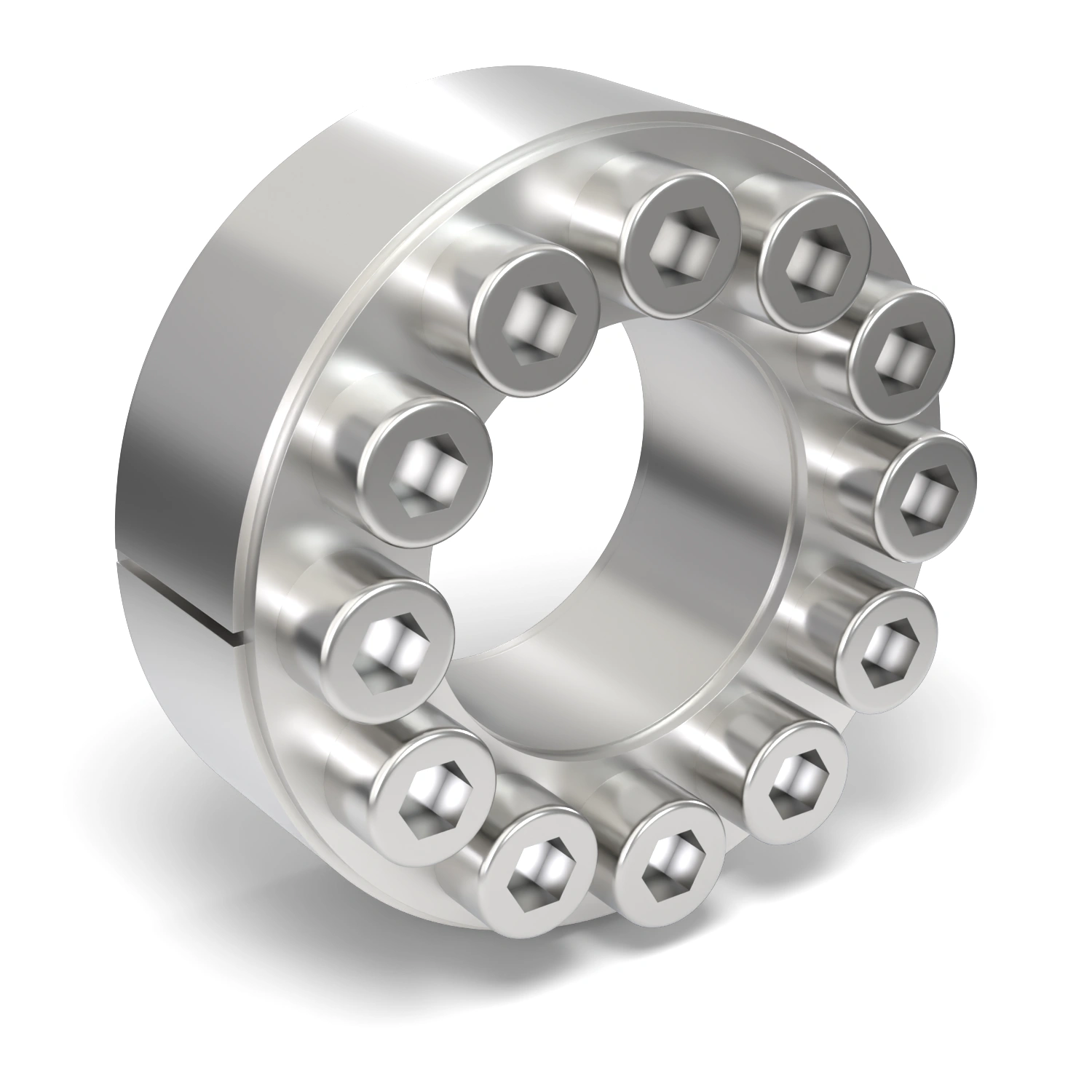Spannsatz STW60SS-32x60 Edelstahl, Frontalansicht der Stirnseite mit 12 Spannschrauben