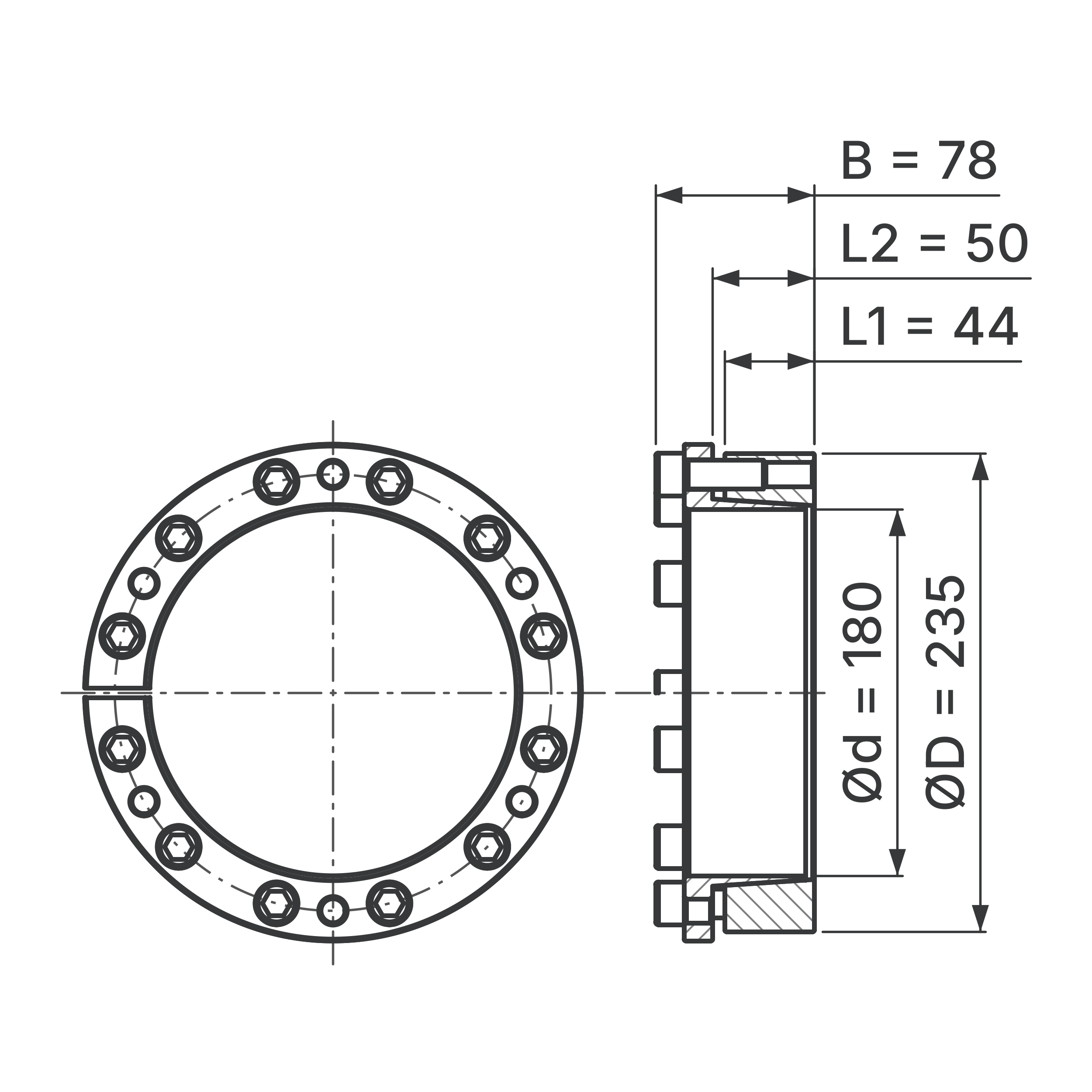 Maßskizze Spannsatz STW77-180x235: Wellen-Ø d, Außen-Ø D, L1, L2, B in mm, schematisch