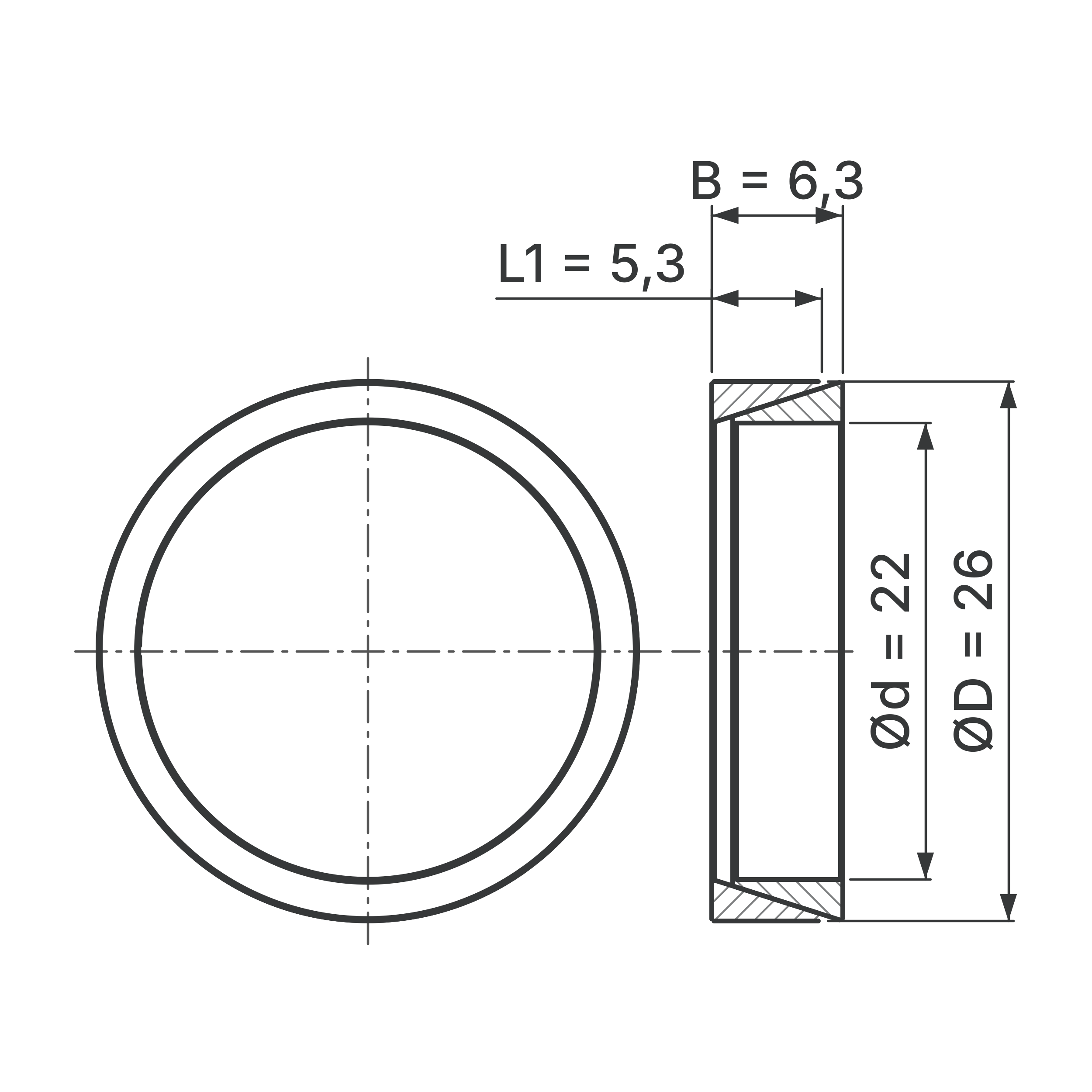 Maßskizze Konus-Spannelement STW56-22x26: Wellen-Ø d, Außen-Ø D, L1, B in mm, schematisch