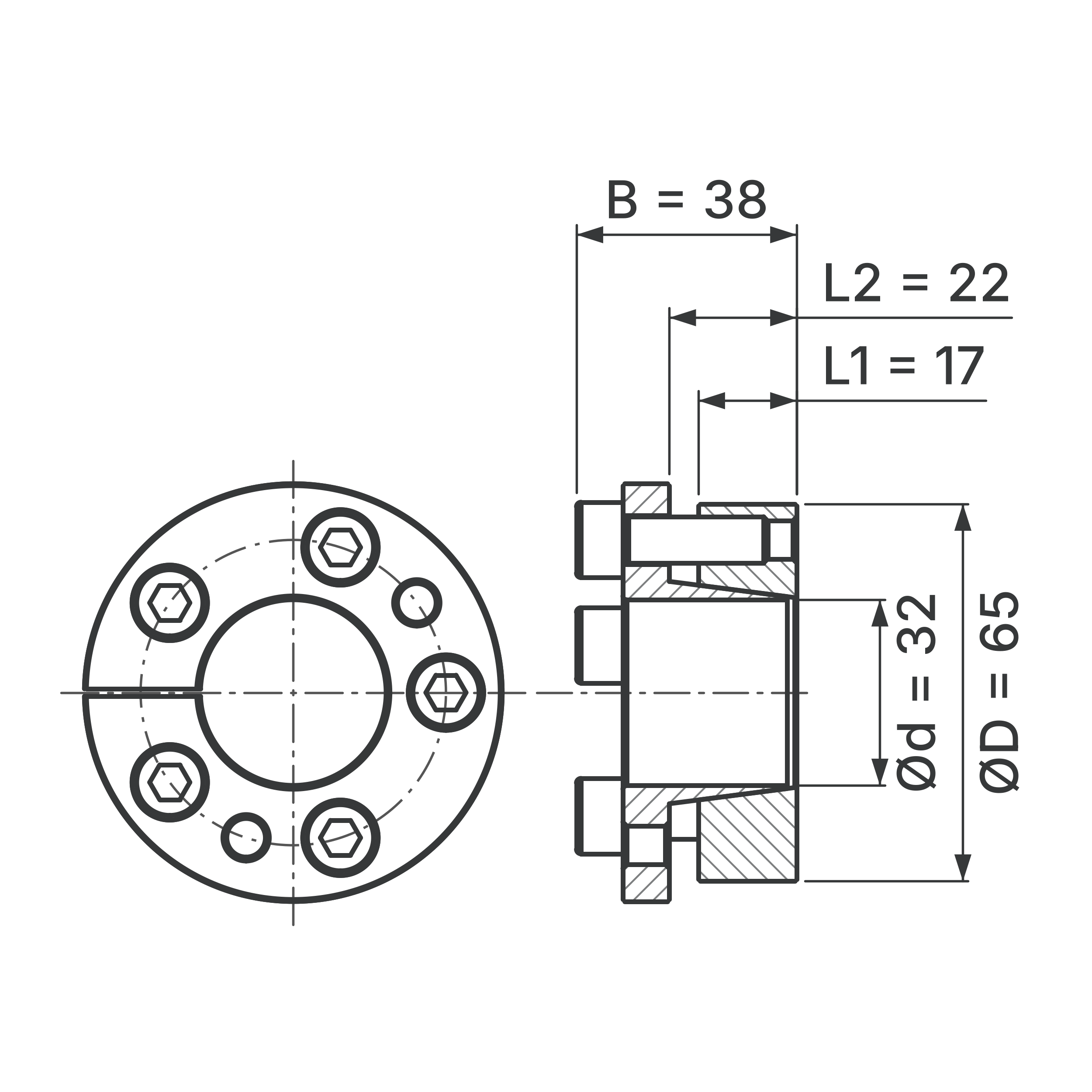 Maßskizze Spannsatz STW31-32x65: Wellen-Ø d, Außen-Ø D, L1, L2, B in mm, schematisch