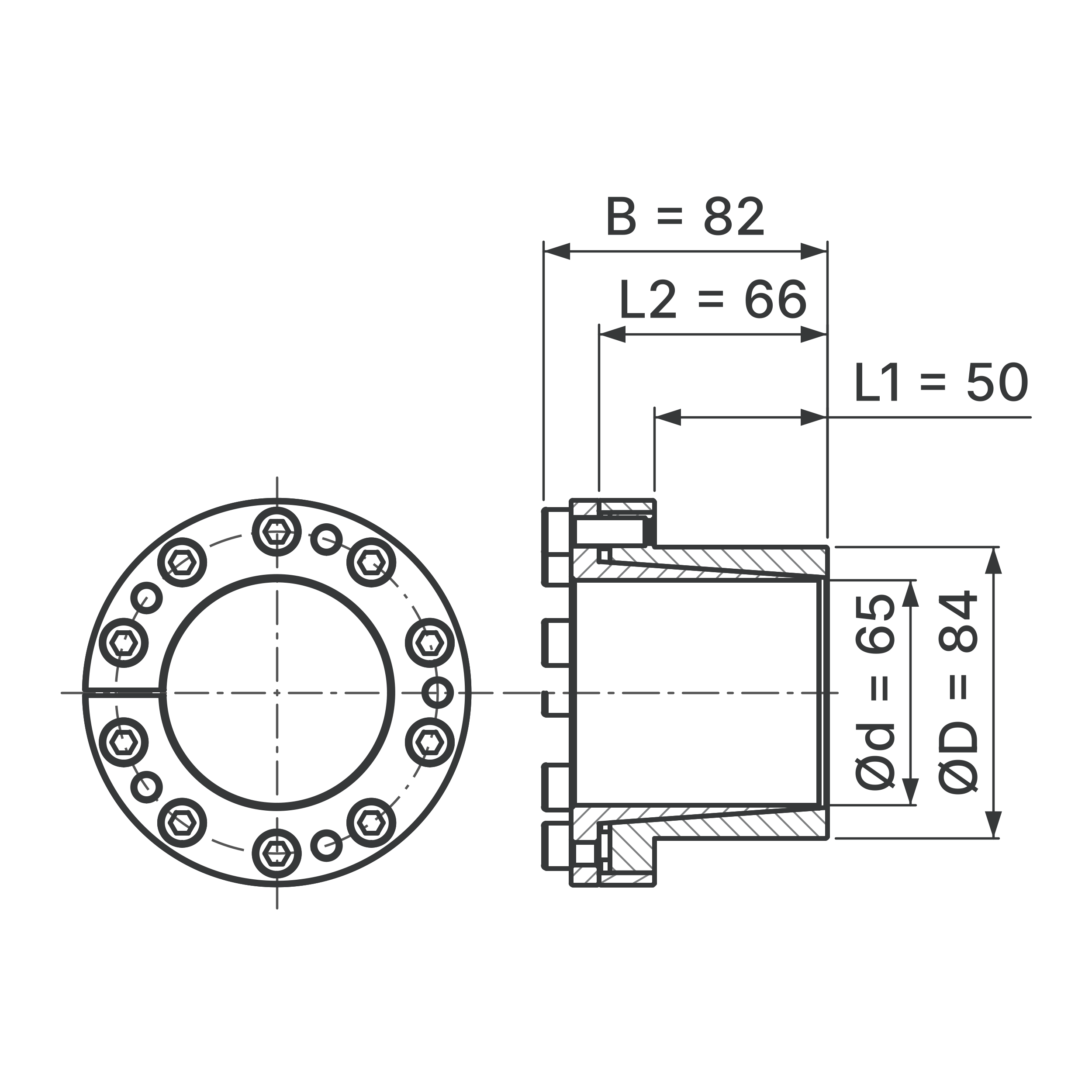 Maßskizze Spannsatz STW27-65x84: Wellen-Ø d, Außen-Ø D, L1, L2, B in mm, schematisch