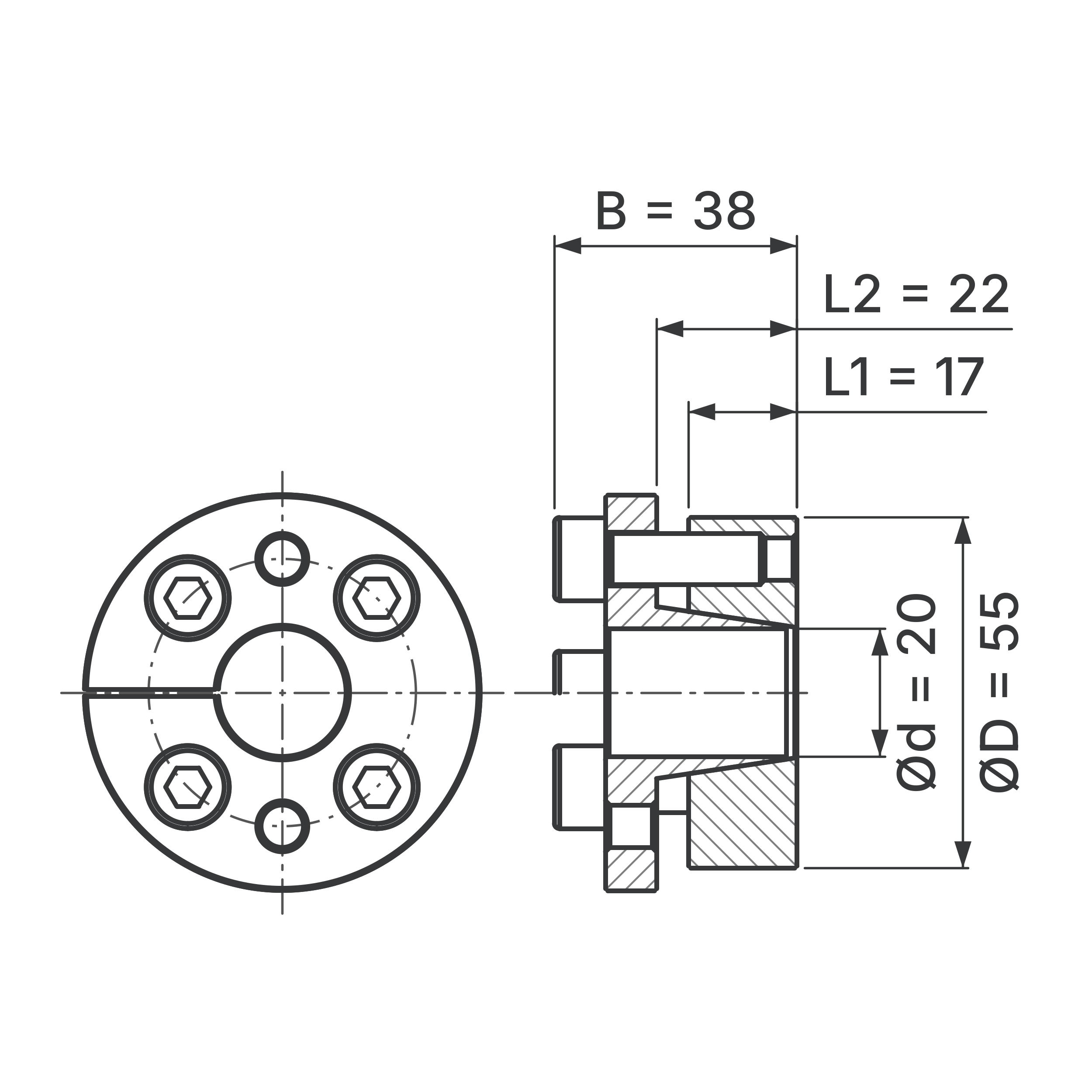 Maßskizze Spannsatz STW31-20x55: Wellen-Ø d, Außen-Ø D, L1, L2, B in mm, schematisch