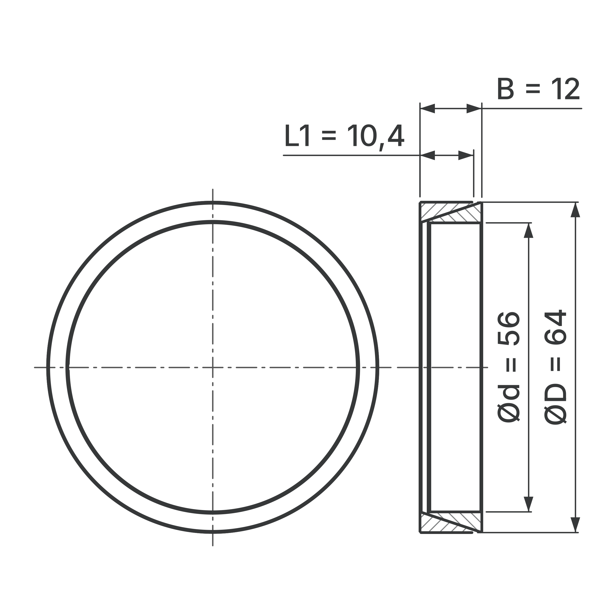 Maßskizze Konus-Spannelement STW56-56x64: Wellen-Ø d, Außen-Ø D, L1, B in mm, schematisch