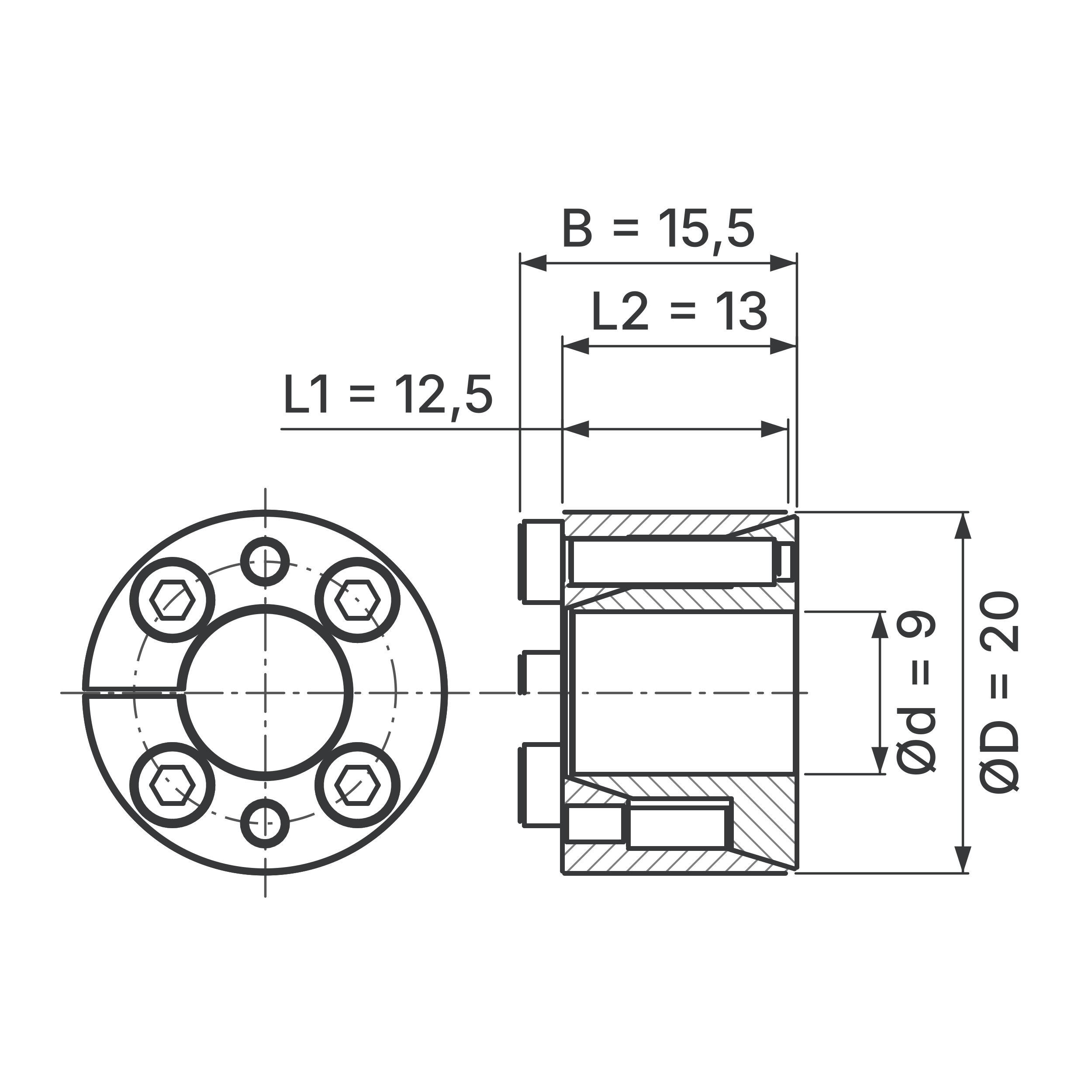 Maßskizze Spannsatz STW71-9x20: Wellen-Ø d, Außen-Ø D, L1, L2, B in mm, schematisch