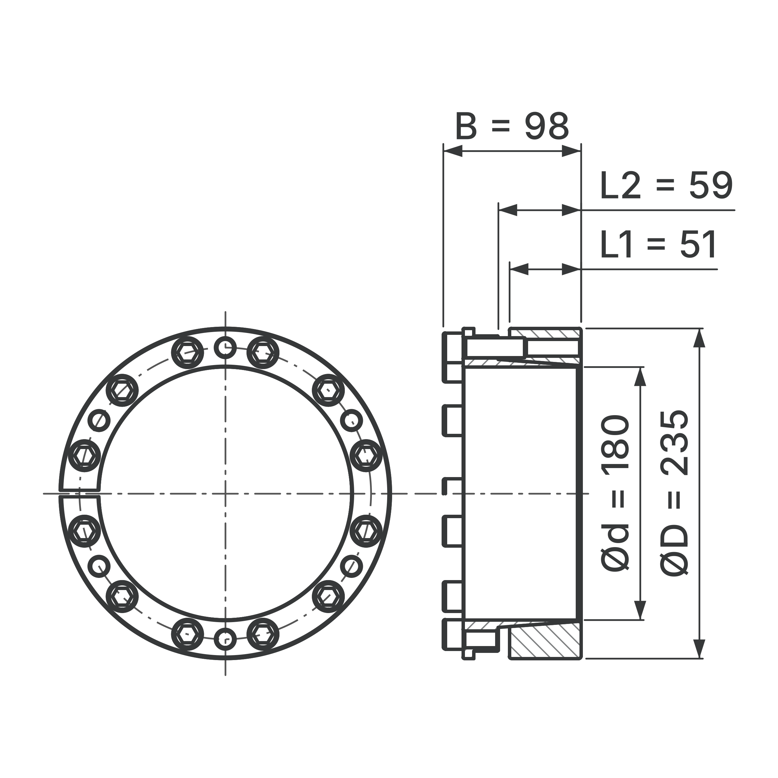Maßskizze Spannsatz STW26-180x235: Wellen-Ø d, Außen-Ø D, L1, L2, B in mm, schematisch