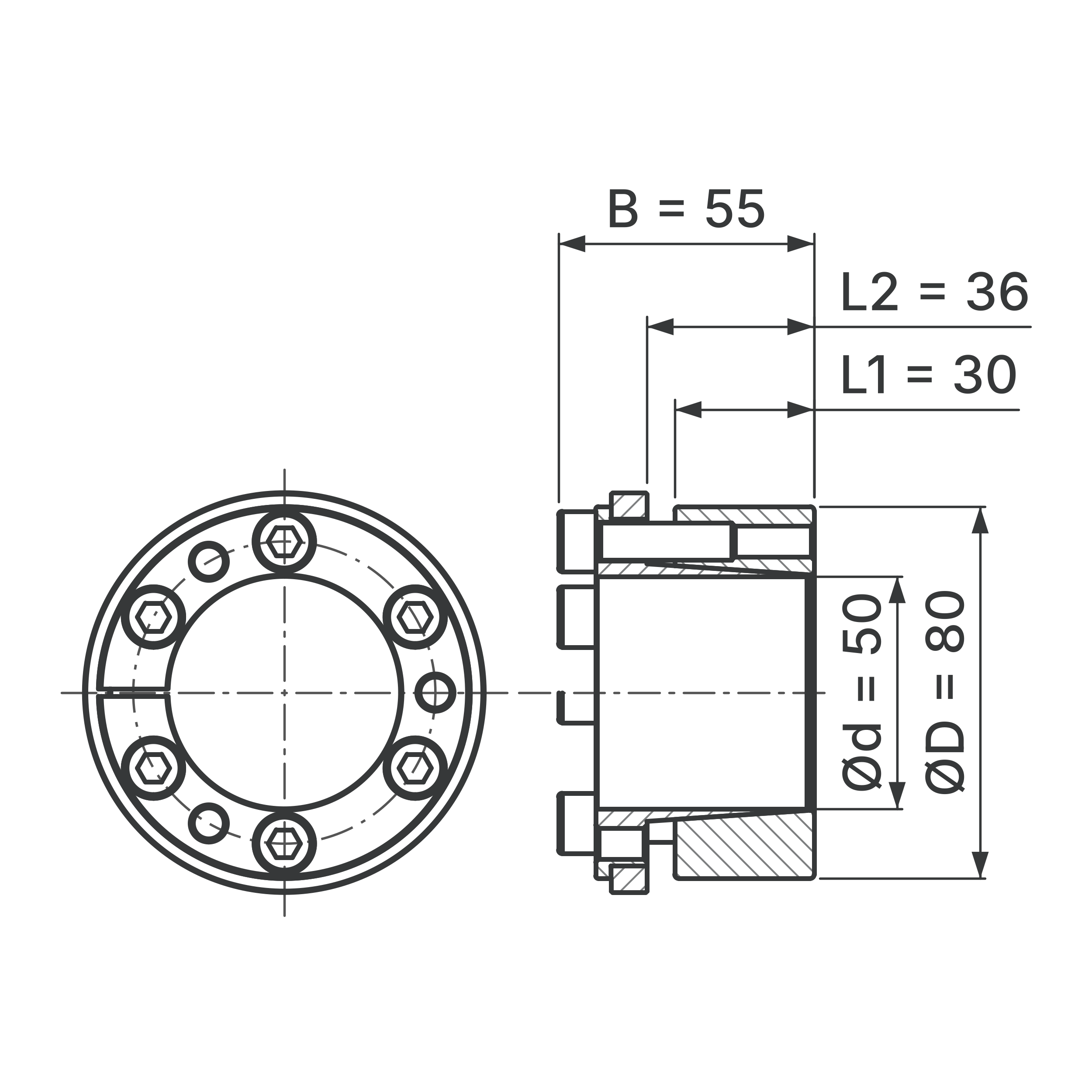 Maßskizze Spannsatz STW73-50x80: Wellen-Ø d, Außen-Ø D, L1, L2, B in mm, schematisch