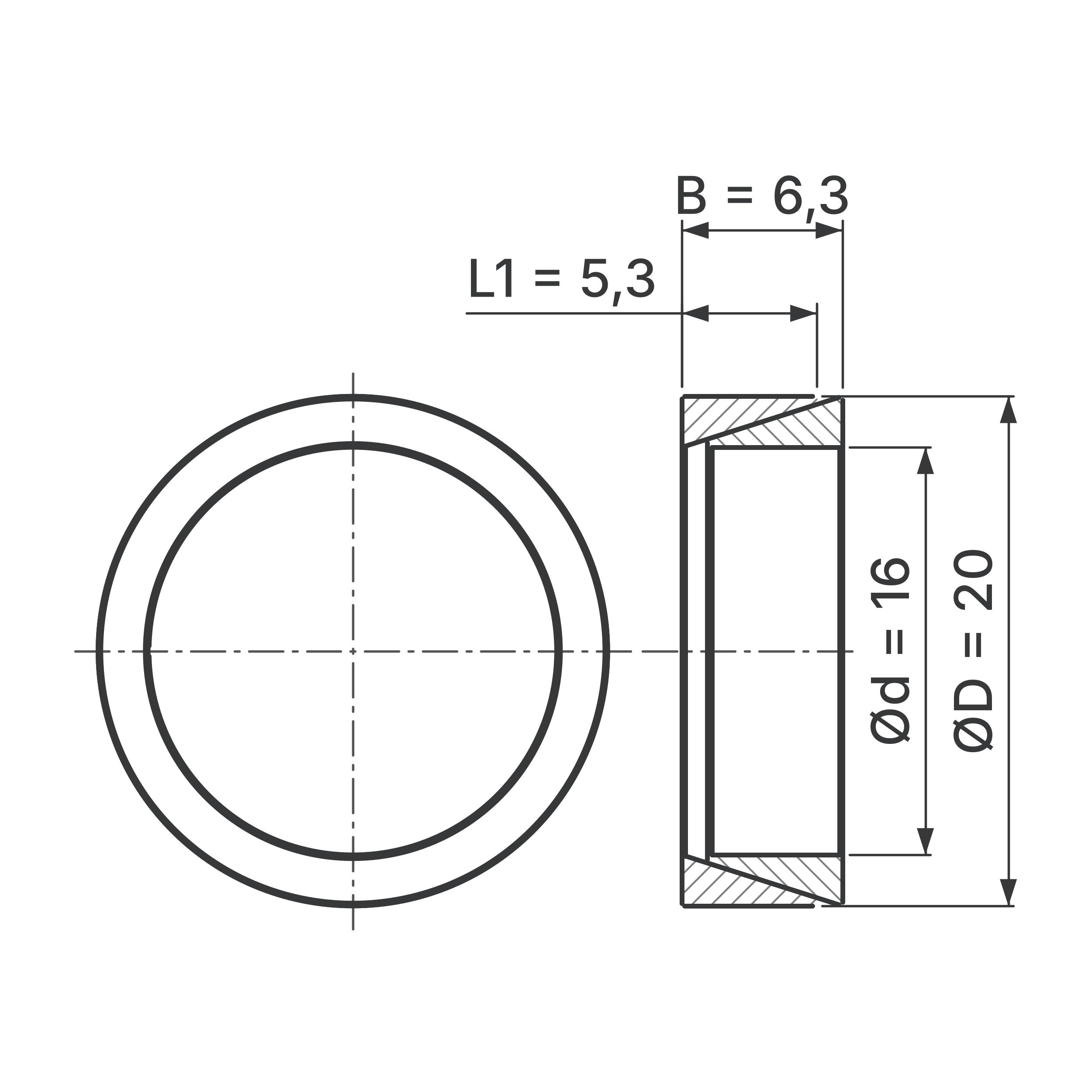 Maßskizze Konus-Spannelement STW56-16x20: Wellen-Ø d, Außen-Ø D, L1, B in mm, schematisch