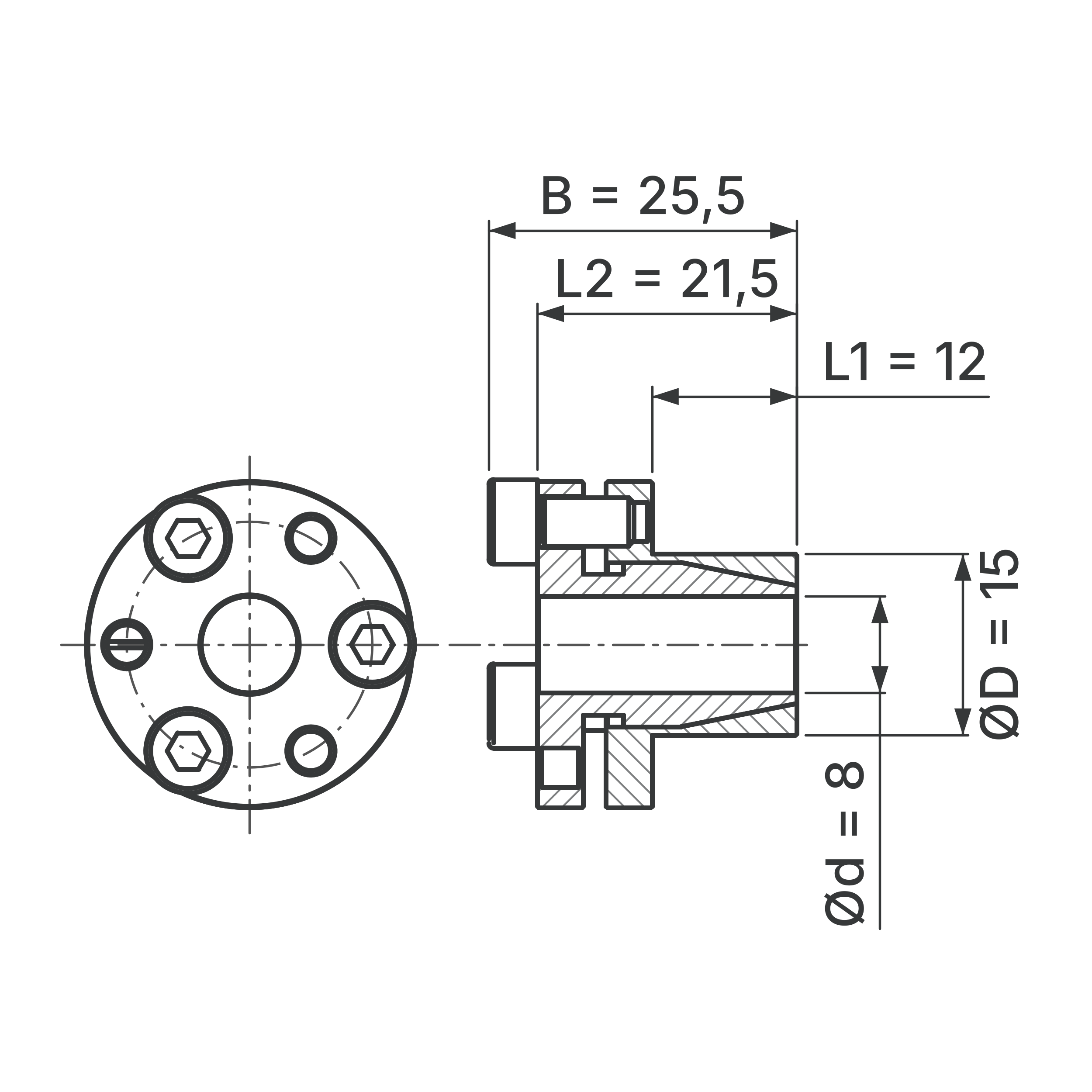 Maßskizze Spannsatz STW69SS-8x15 Edelstahl: Wellen-Ø d, Außen-Ø D, L1, L2, B in mm, schematisch