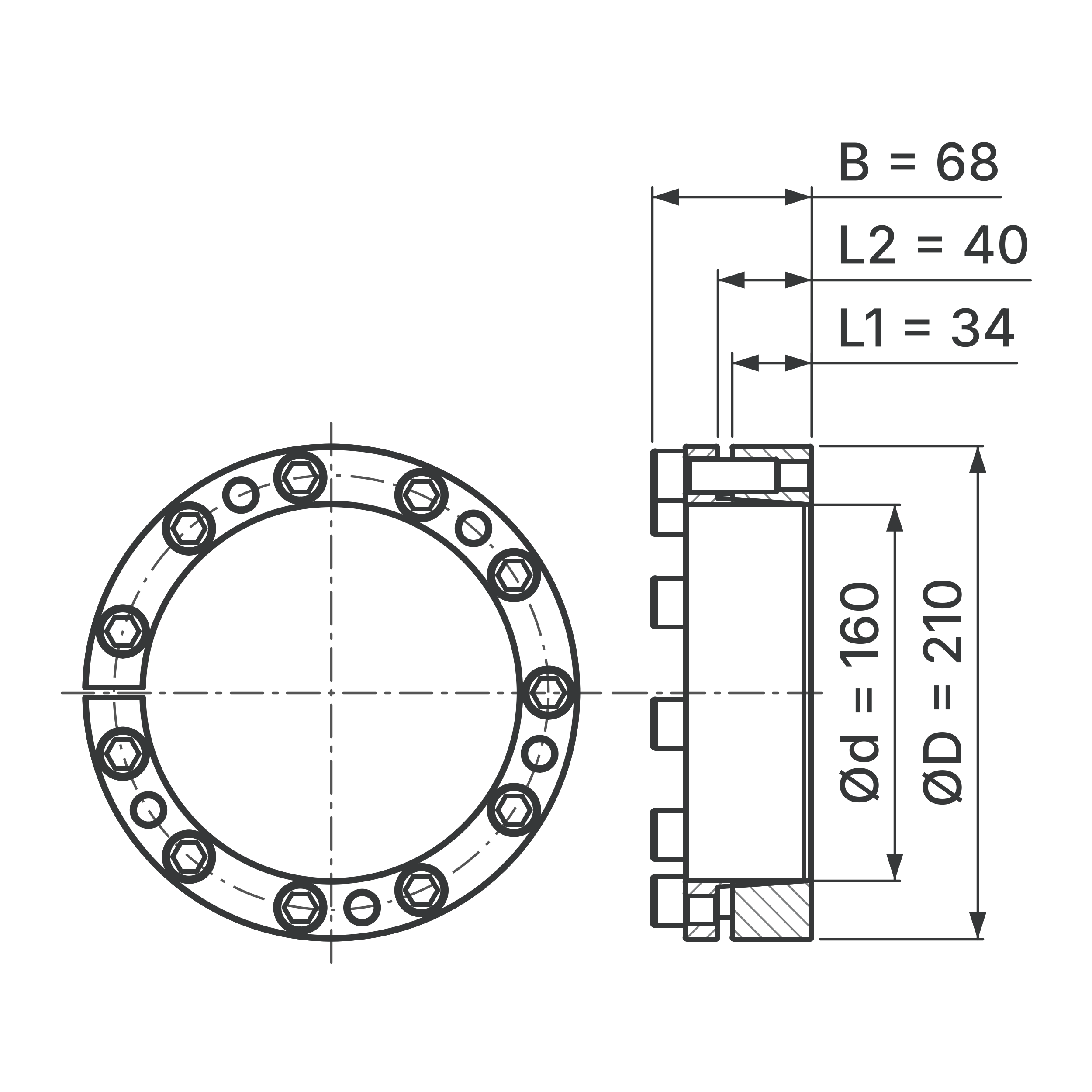 Maßskizze Spannsatz STW98-160x210: Wellen-Ø d, Außen-Ø D, L1, L2, B in mm, schematisch