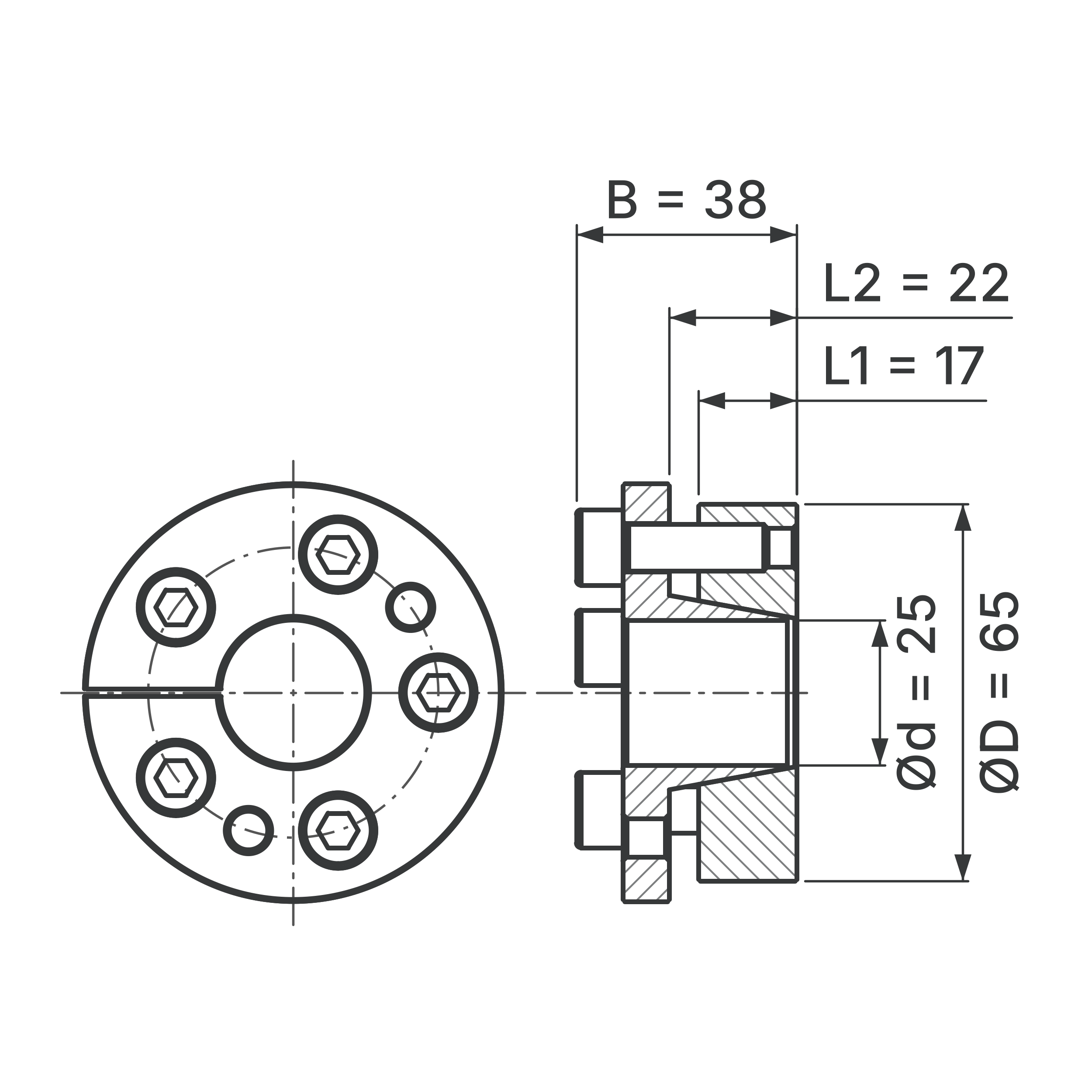 Maßskizze Spannsatz STW31-25x65: Wellen-Ø d, Außen-Ø D, L1, L2, B in mm, schematisch