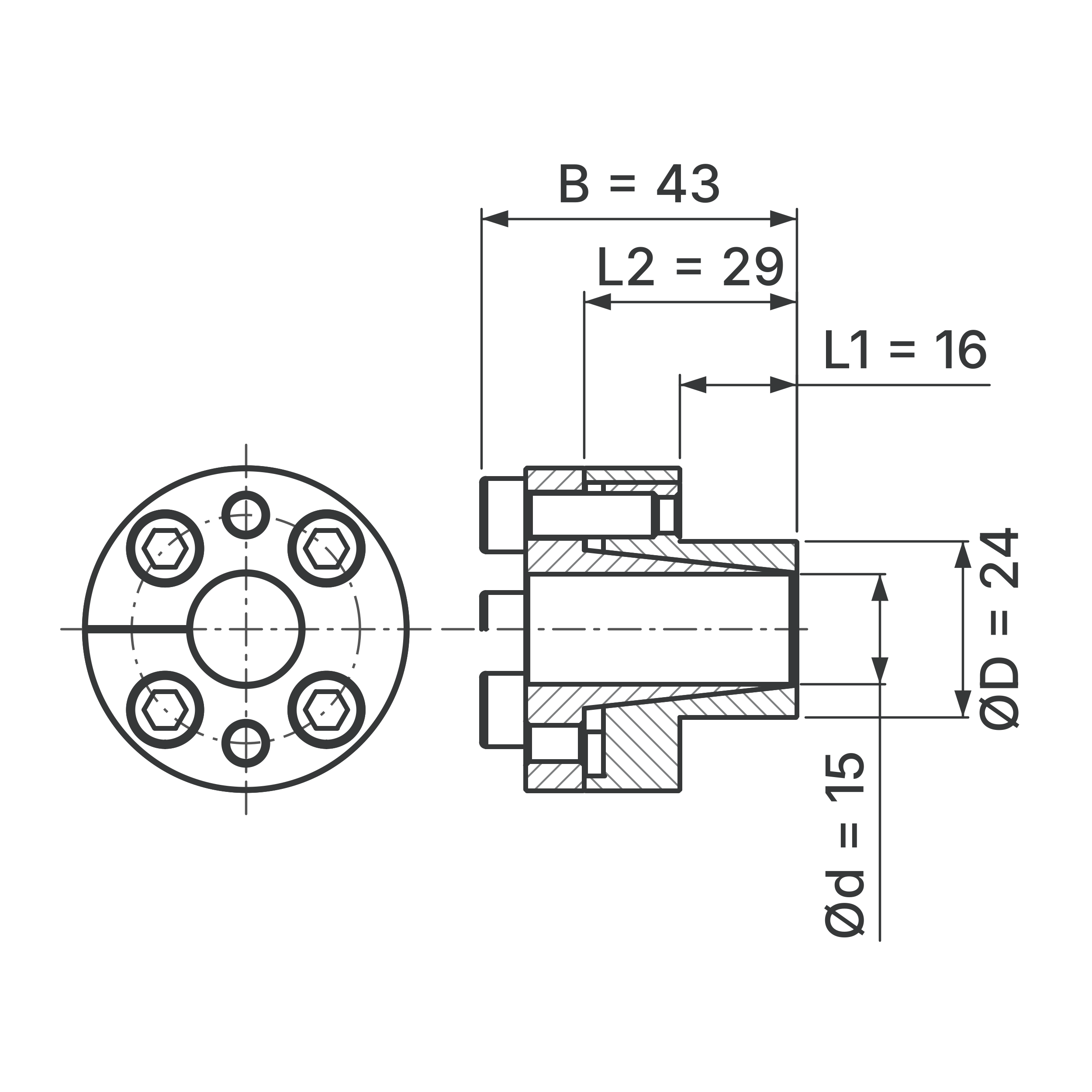 Maßskizze Spannsatz STW27SS-15x24 Edelstahl: Wellen-Ø d, Außen-Ø D, L1, L2, B in mm, schematisch