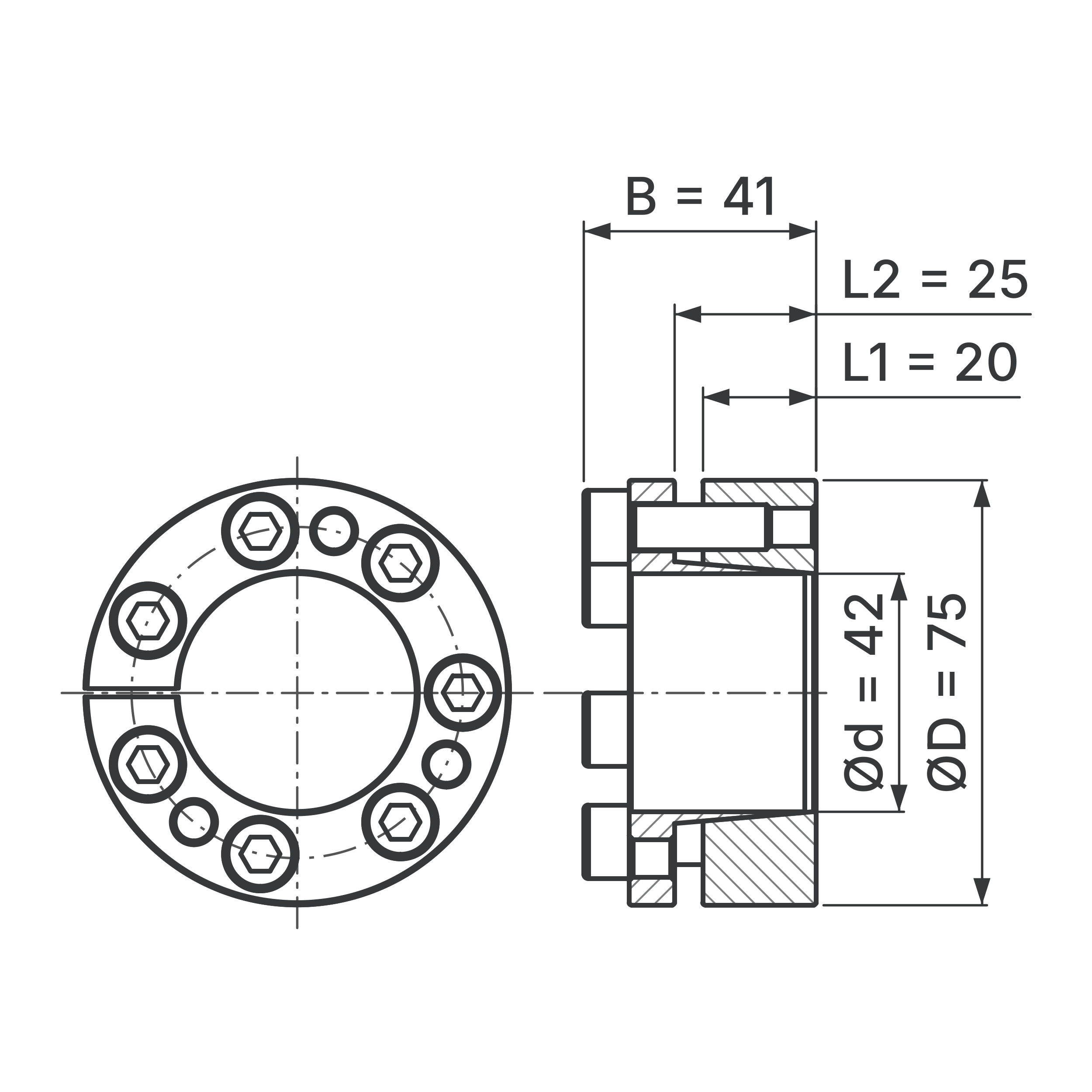 Maßskizze Spannsatz STW98-42x75: Wellen-Ø d, Außen-Ø D, L1, L2, B in mm, schematisch