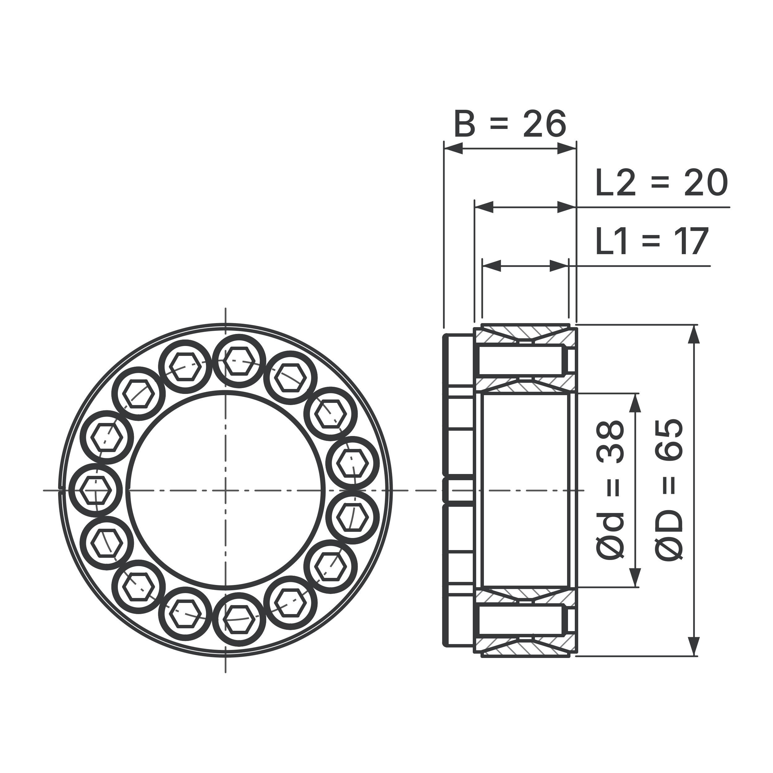 Maßskizze Spannsatz STW60SS-38x65 Edelstahl: Wellen-Ø d, Außen-Ø D, L1, L2, B in mm, schematisch