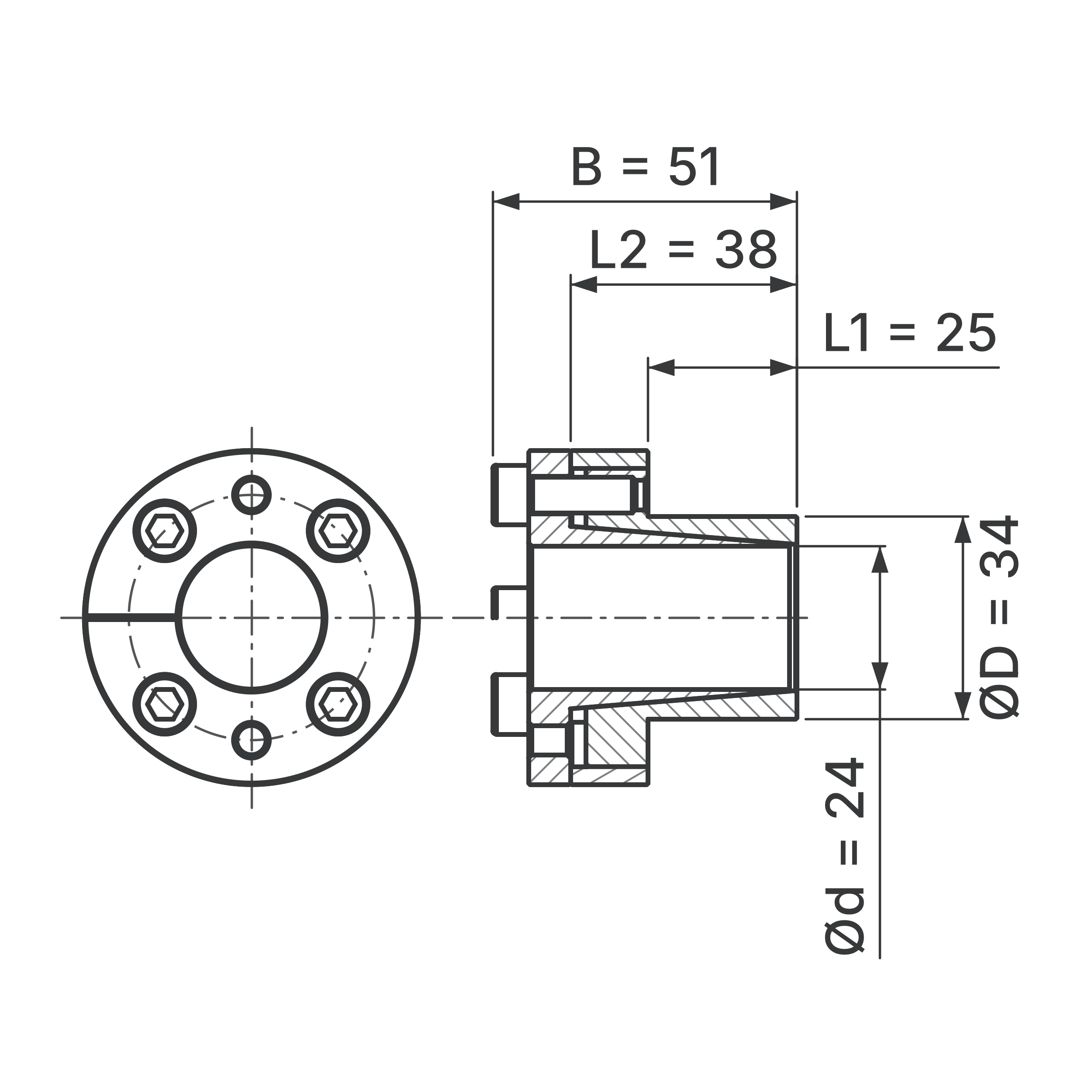 Maßskizze Spannsatz STW27-24x34: Wellen-Ø d, Außen-Ø D, L1, L2, B in mm, schematisch