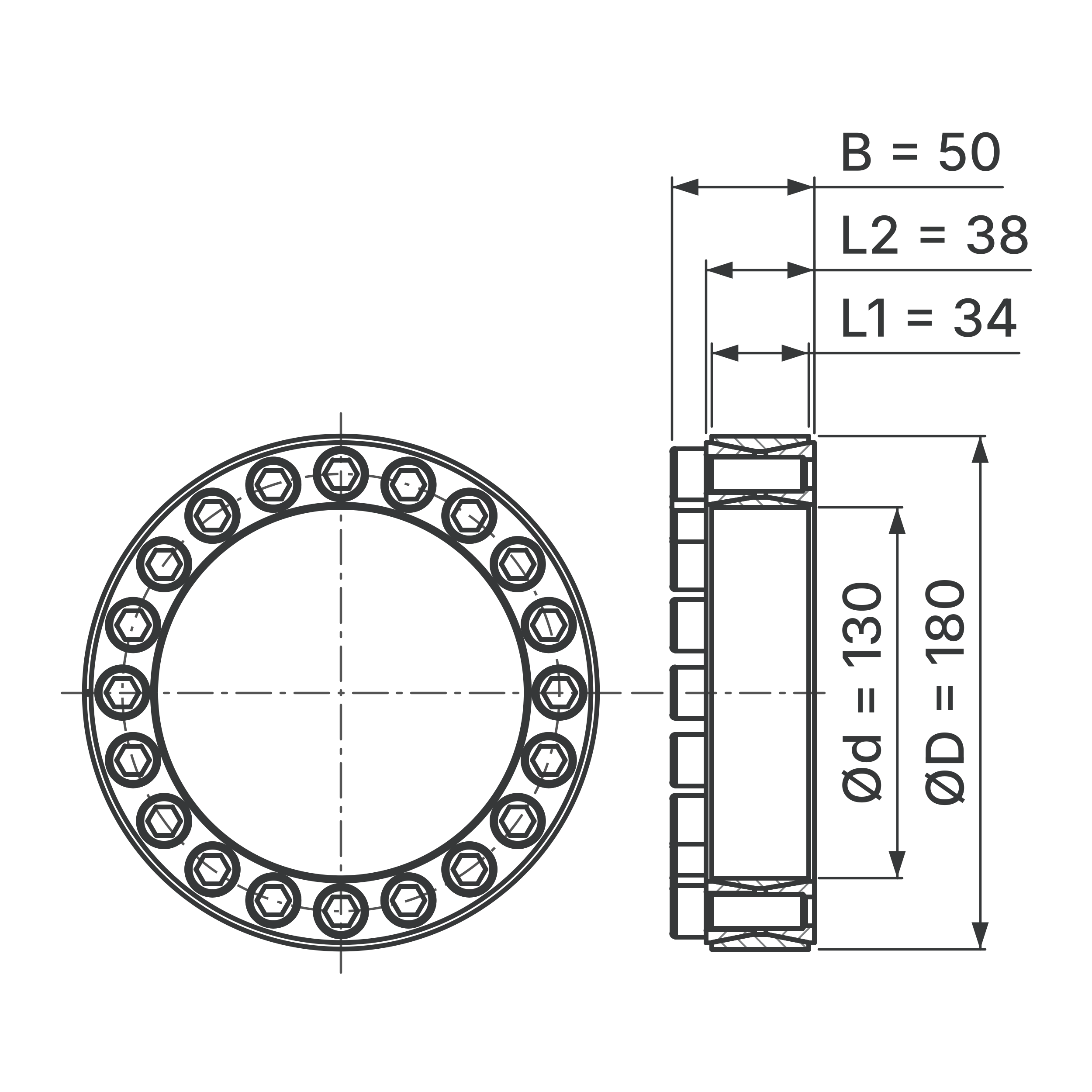 Maßskizze Spannsatz STW60-130x180: Wellen-Ø d, Außen-Ø D, L1, L2, B in mm, schematisch