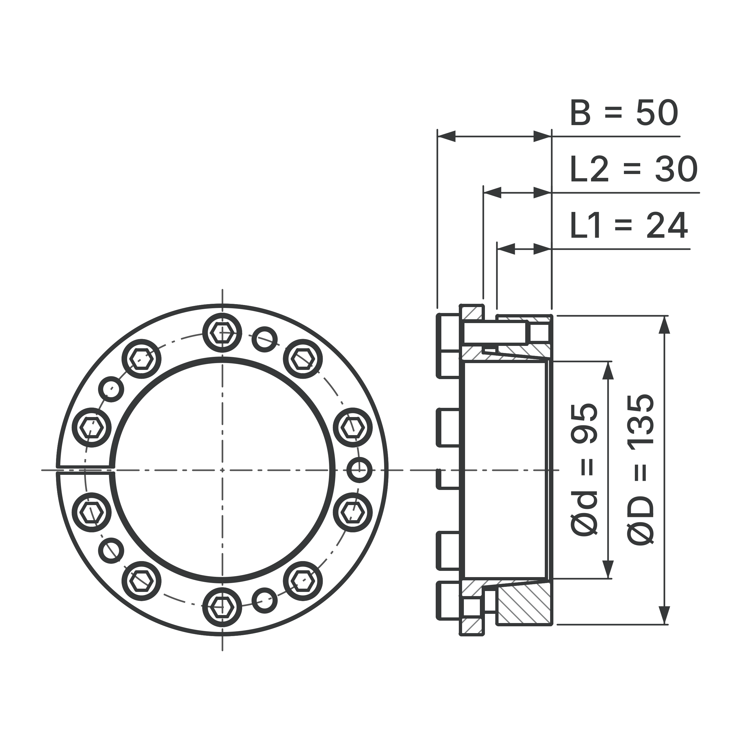 Maßskizze Spannsatz STW77-95x135: Wellen-Ø d, Außen-Ø D, L1, L2, B in mm, schematisch