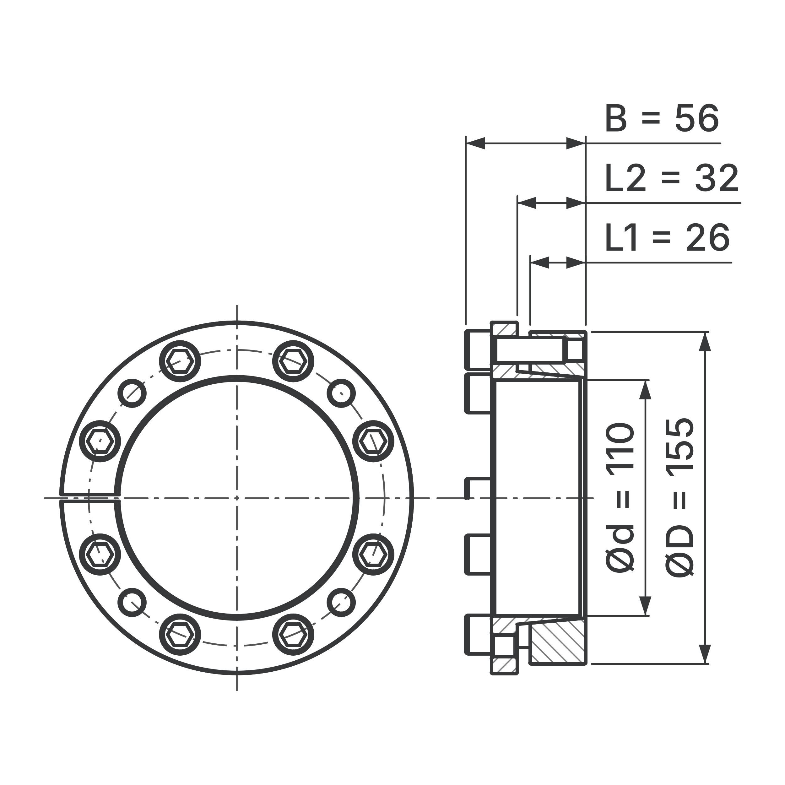 Maßskizze Spannsatz STW77-110x155: Wellen-Ø d, Außen-Ø D, L1, L2, B in mm, schematisch