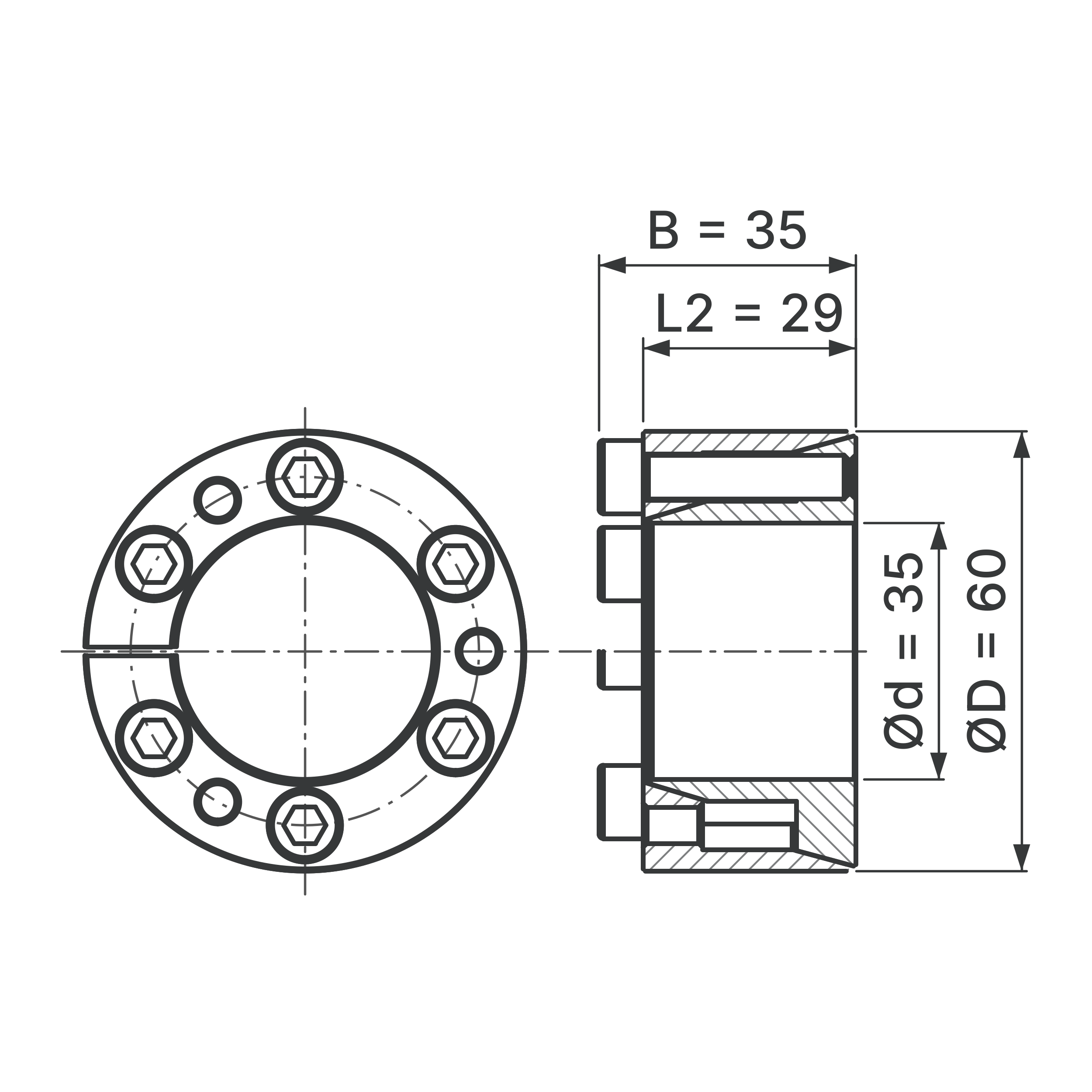 Maßskizze Spannsatz STW71SS-35x60 Edelstahl: Wellen-Ø d, Außen-Ø D, L2, B in mm, schematisch