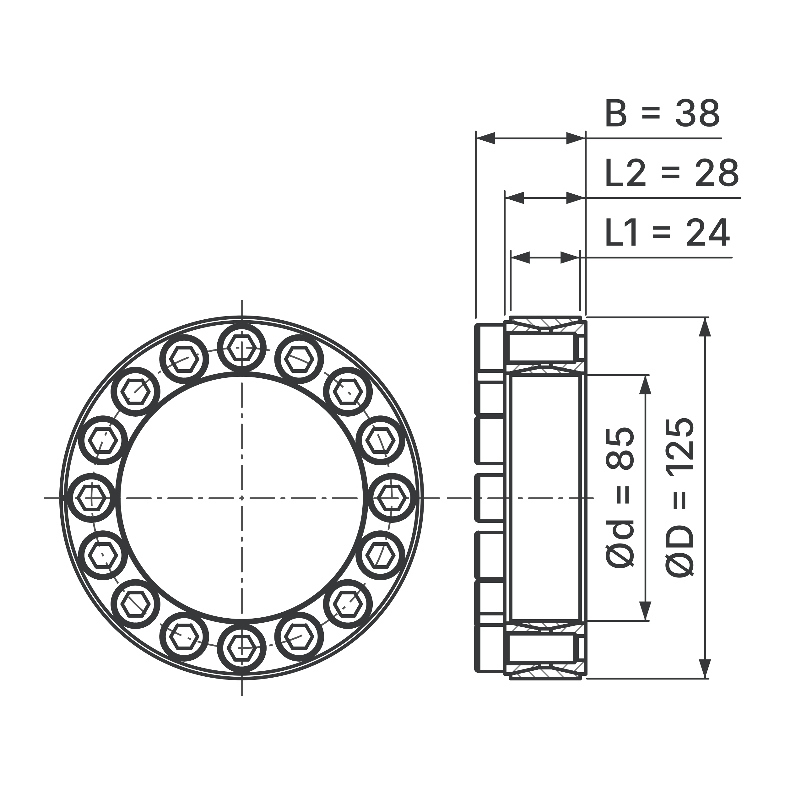 Maßskizze Spannsatz STW60-85x125: Wellen-Ø d, Außen-Ø D, L1, L2, B in mm, schematisch