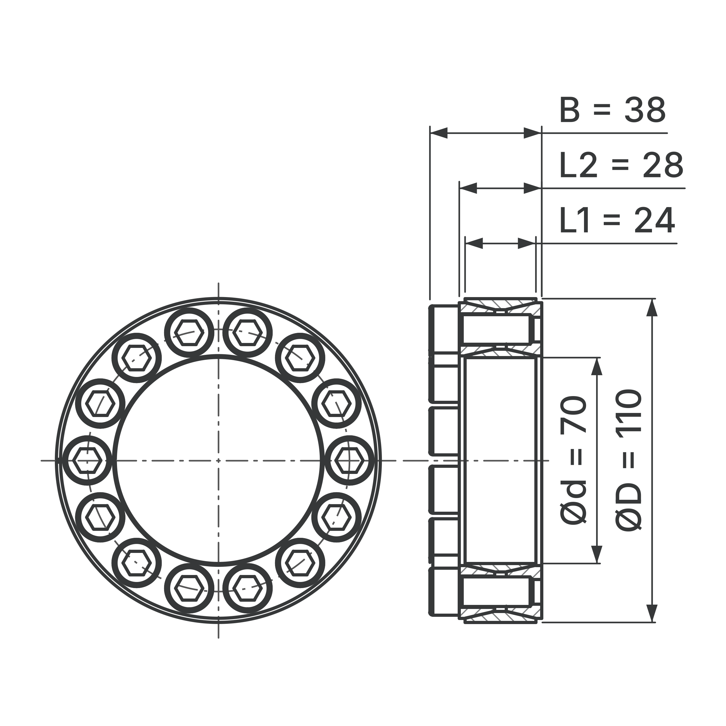 Maßskizze Spannsatz STW60-70x110: Wellen-Ø d, Außen-Ø D, L1, L2, B in mm, schematisch