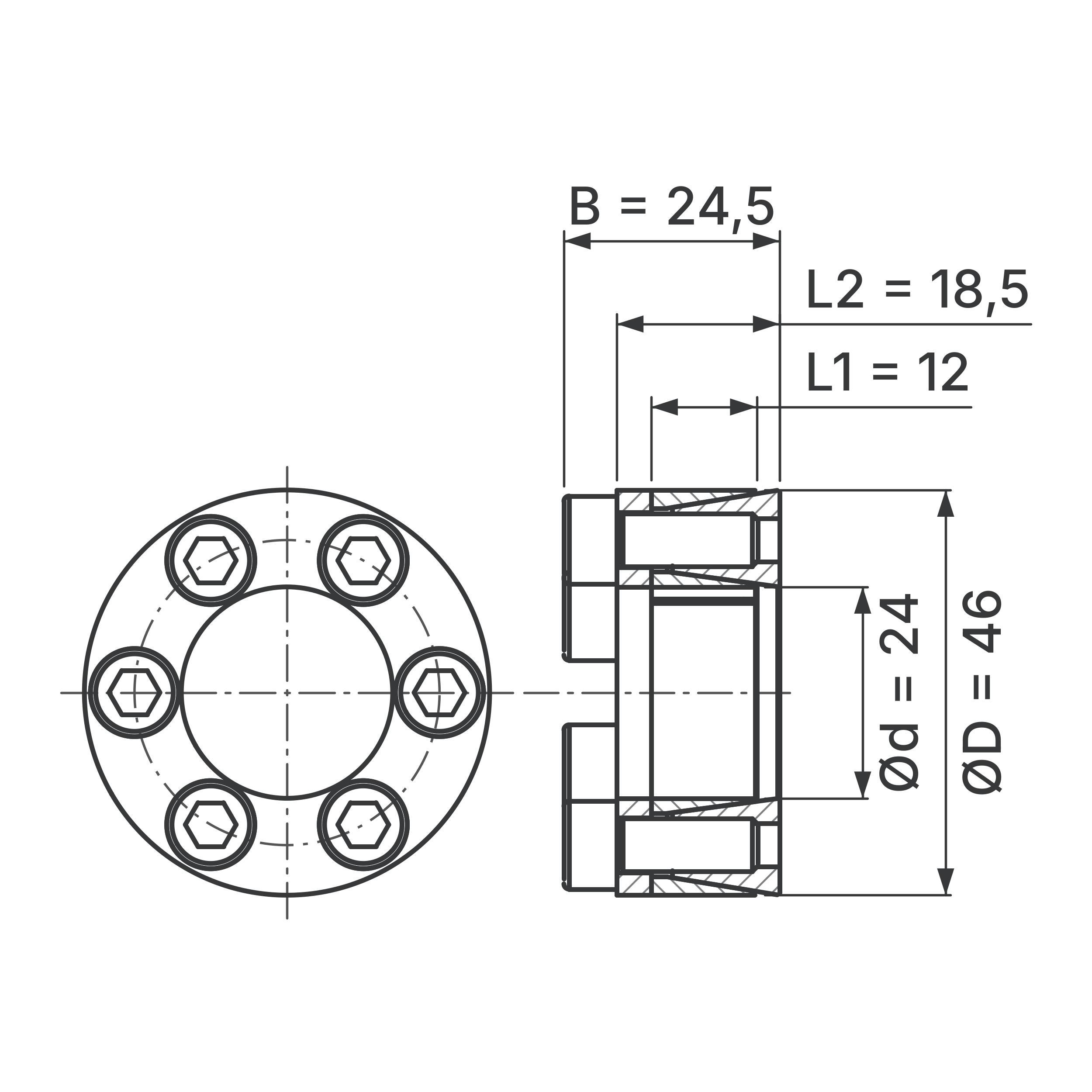 Maßskizze Spannsatz STW29-24x46: Wellen-Ø d, Außen-Ø D, L1, L2, B in mm, schematisch