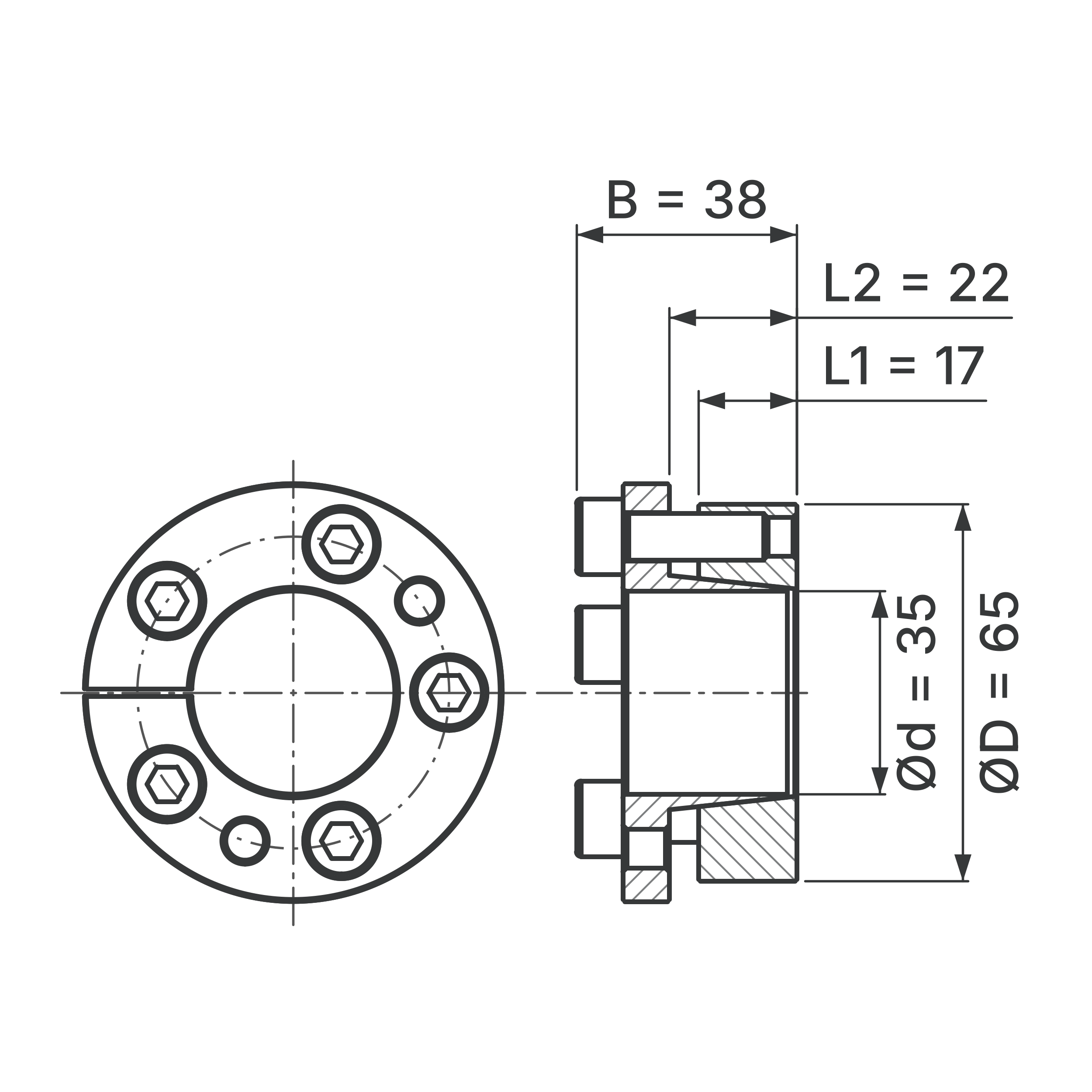 Maßskizze Spannsatz STW31-35x65: Wellen-Ø d, Außen-Ø D, L1, L2, B in mm, schematisch