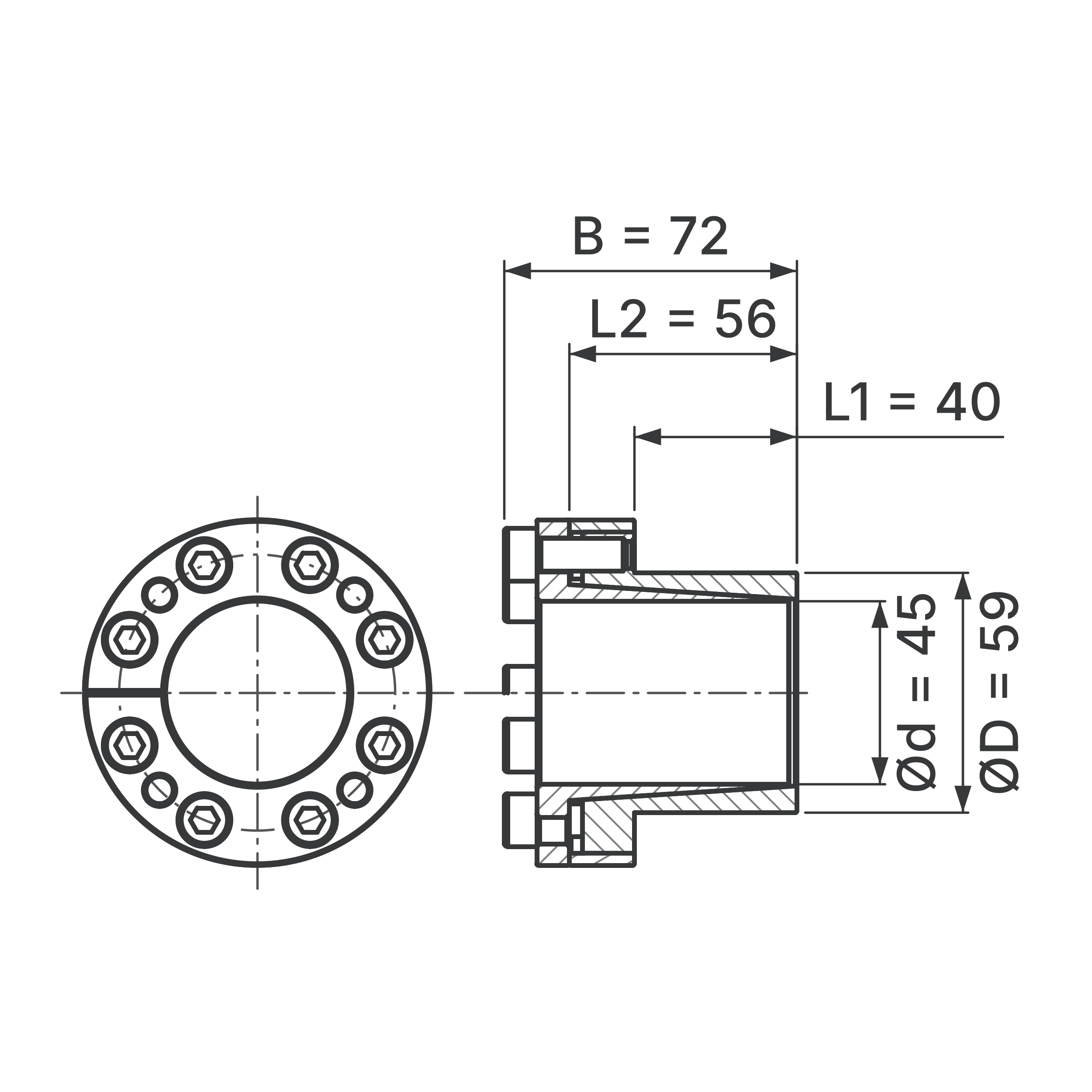 Maßskizze Spannsatz STW27-45x59: Wellen-Ø d, Außen-Ø D, L1, L2, B in mm, schematisch