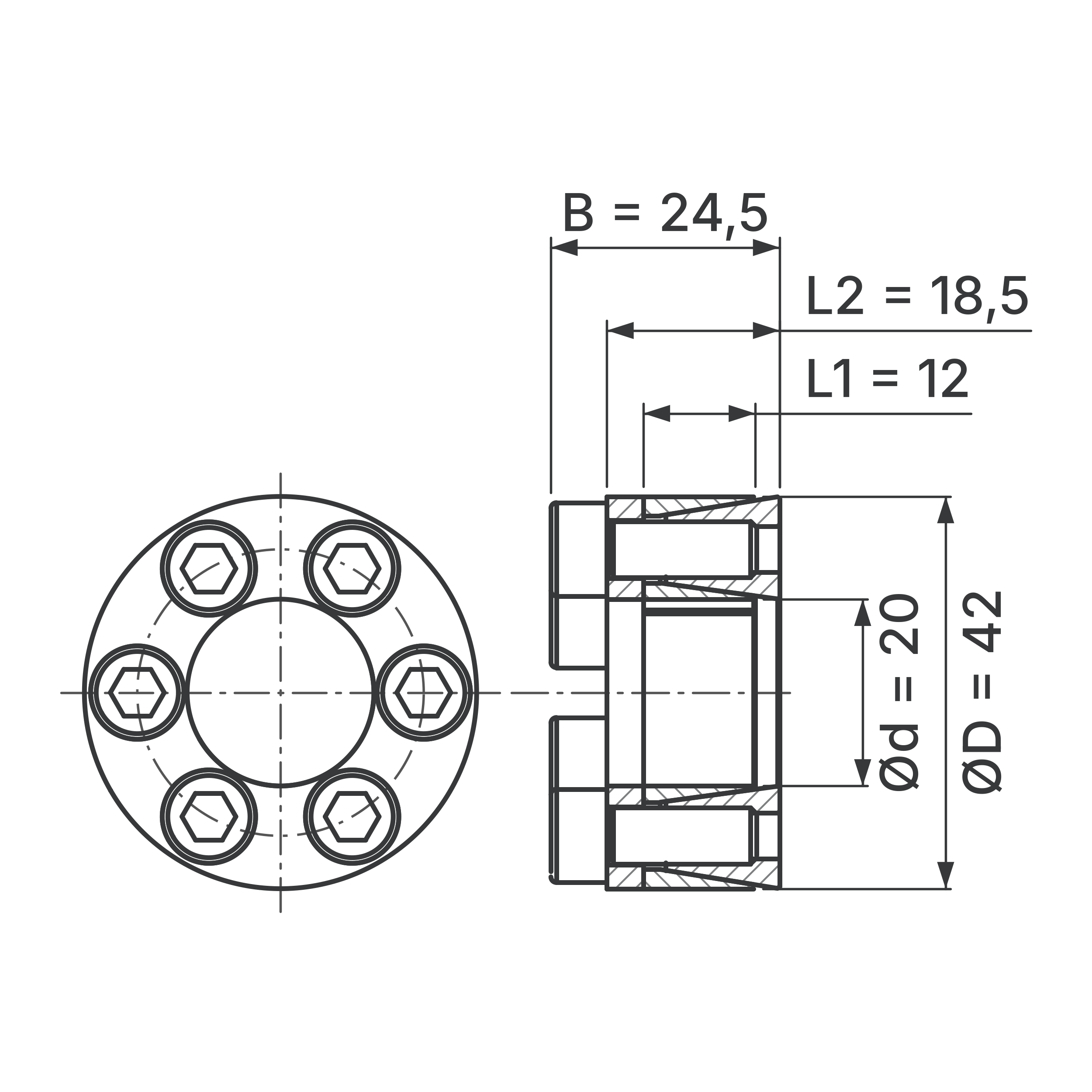 Maßskizze Spannsatz STW29-20x42: Wellen-Ø d, Außen-Ø D, L1, L2, B in mm, schematisch