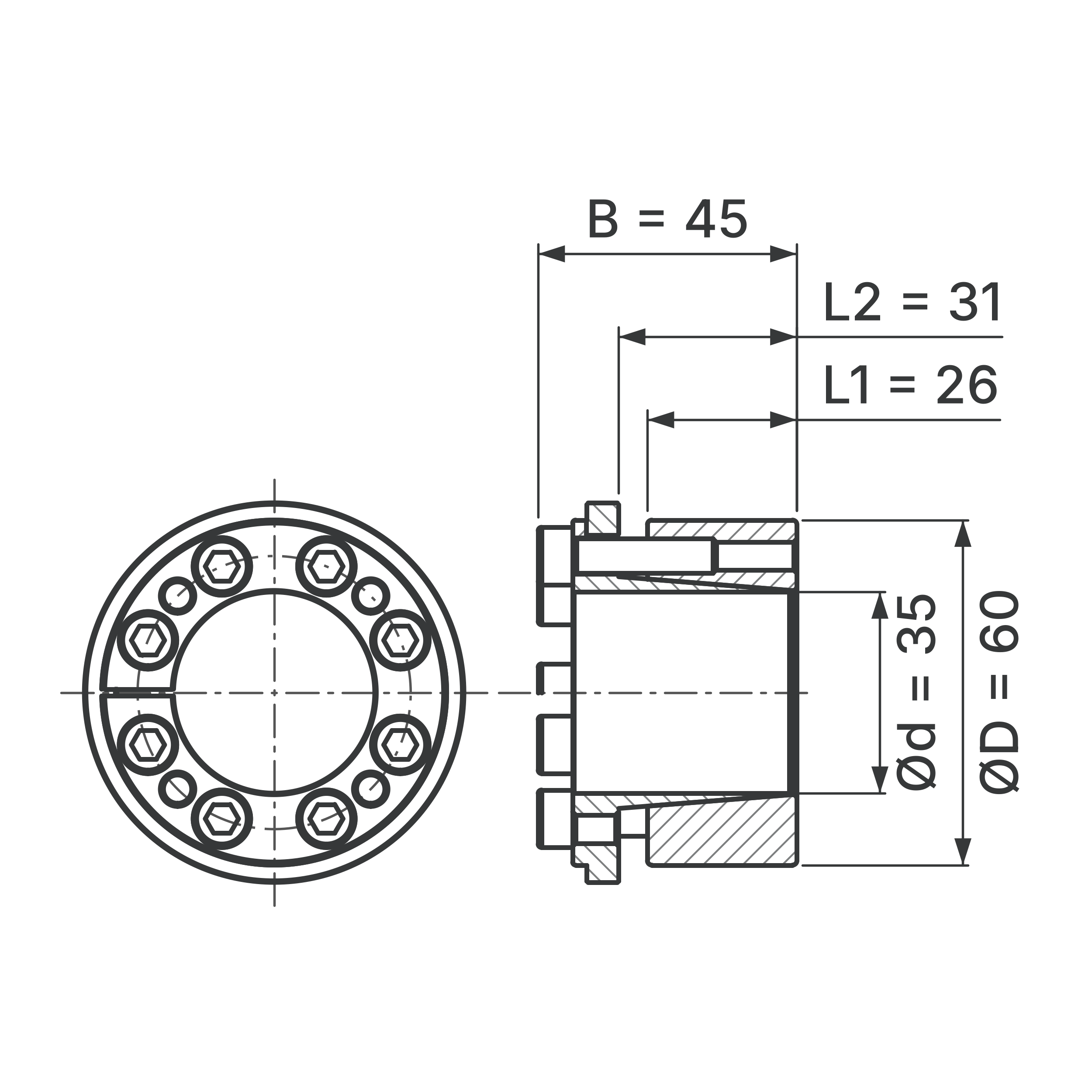 Maßskizze Spannsatz STW73-35x60: Wellen-Ø d, Außen-Ø D, L1, L2, B in mm, schematisch