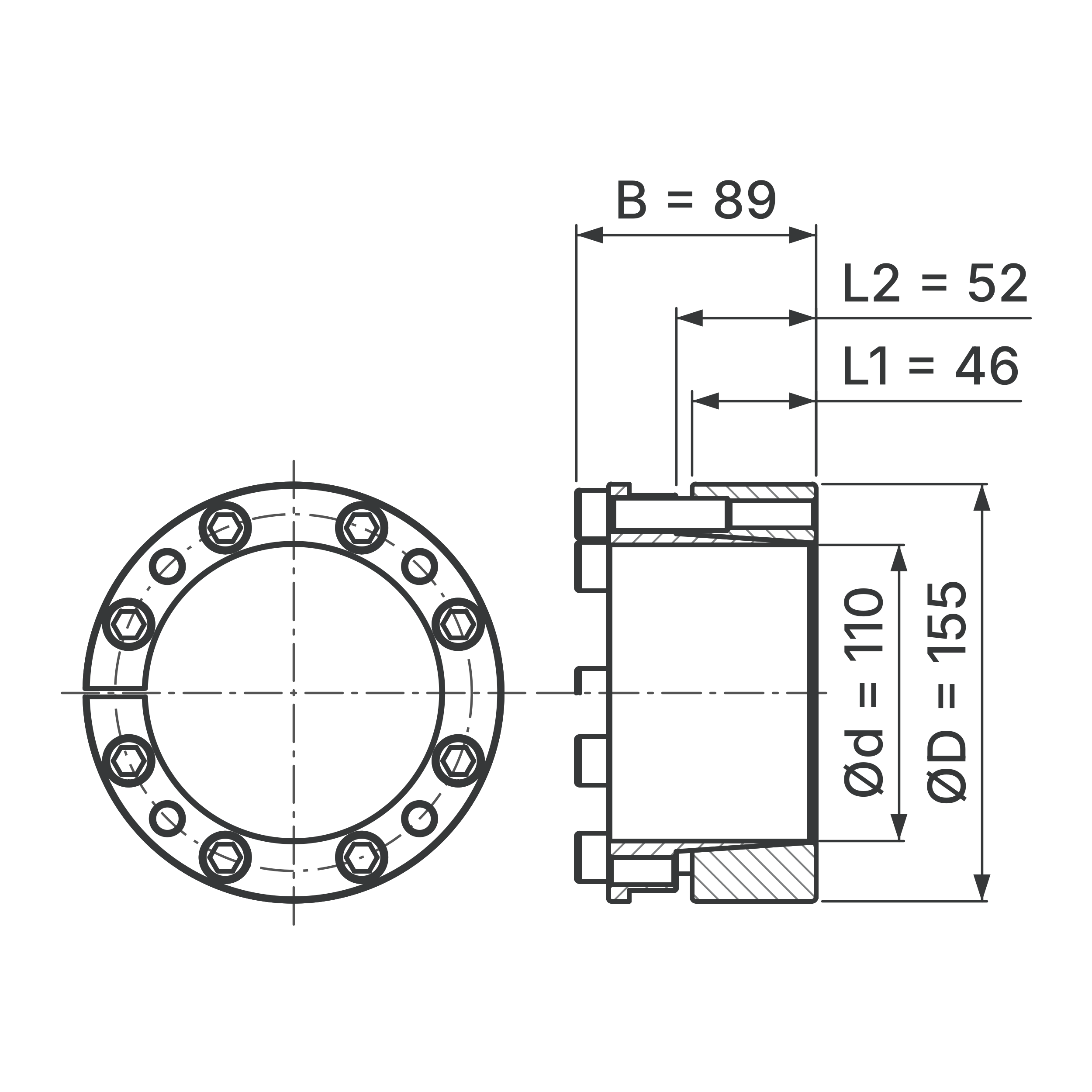 Maßskizze Spannsatz STW26-110x155: Wellen-Ø d, Außen-Ø D, L1, L2, B in mm, schematisch