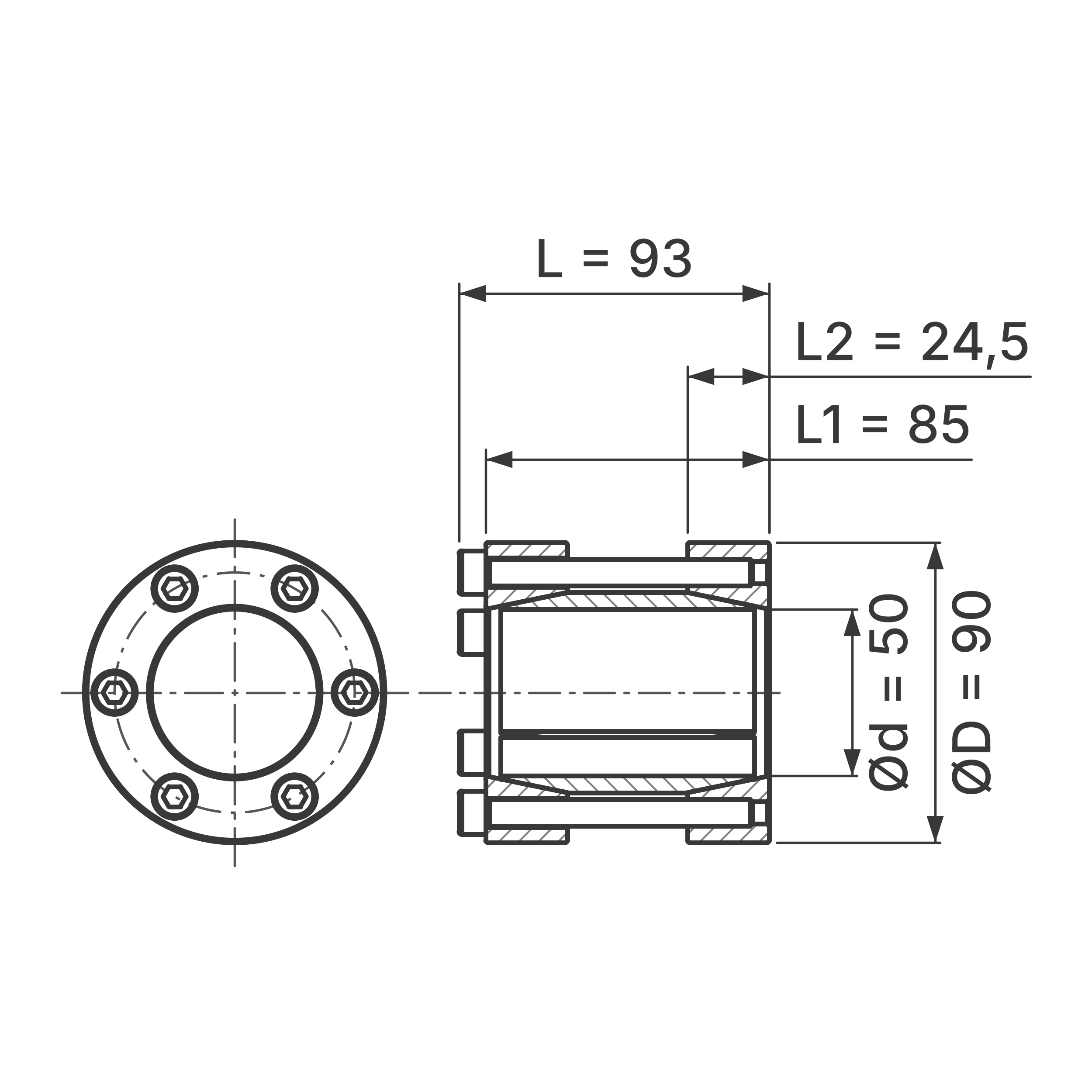 Maßskizze Starre Wellenkupplung STW72-50x90: Wellen-Ø d (beide Wellen), Außen-Ø D, L, L1, L2 in mm, schematisch
