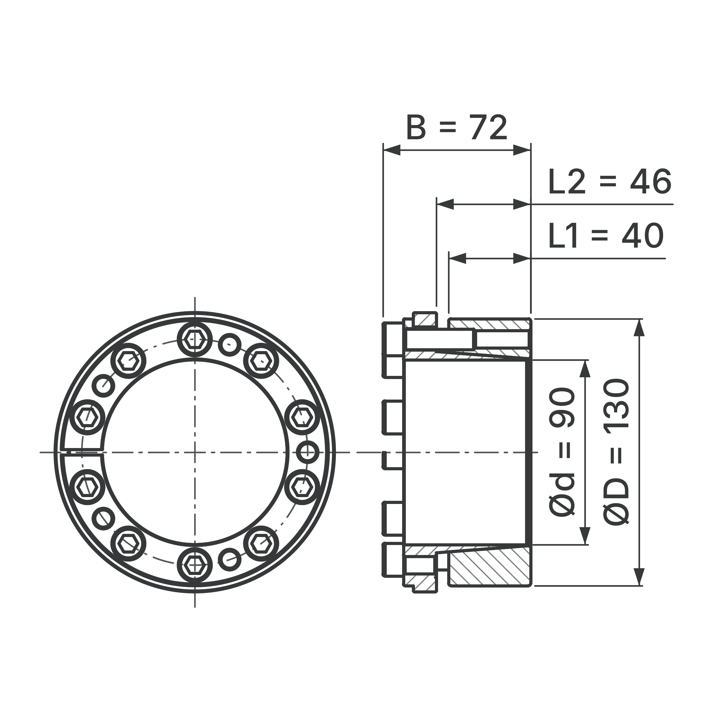 Maßskizze Spannsatz STW73-90x130: Wellen-Ø d, Außen-Ø D, L1, L2, B in mm, schematisch