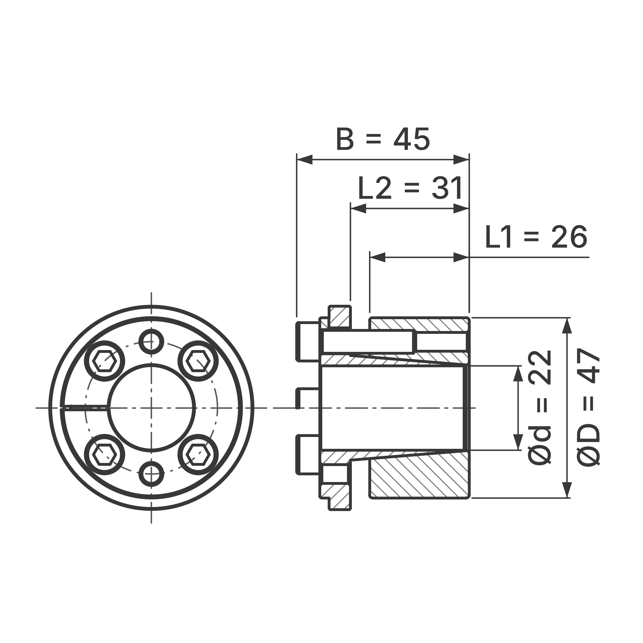 Maßskizze Spannsatz STW73-22x47: Wellen-Ø d, Außen-Ø D, L1, L2, B in mm, schematisch