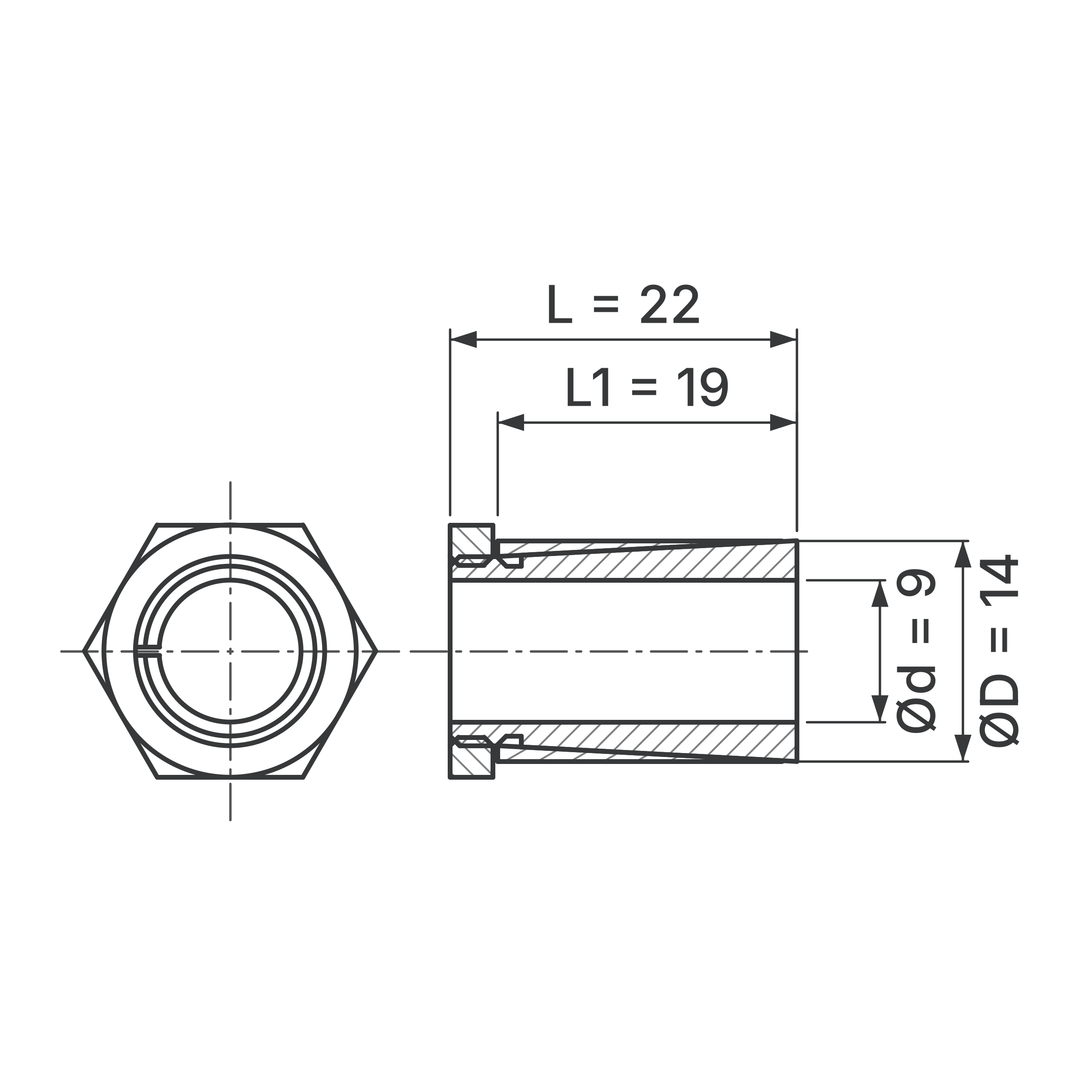 Maßskizze Spannsatz STW64SS-9x14 Edelstahl: Wellen-Ø d, Außen-Ø D, L1, L in mm, schematisch