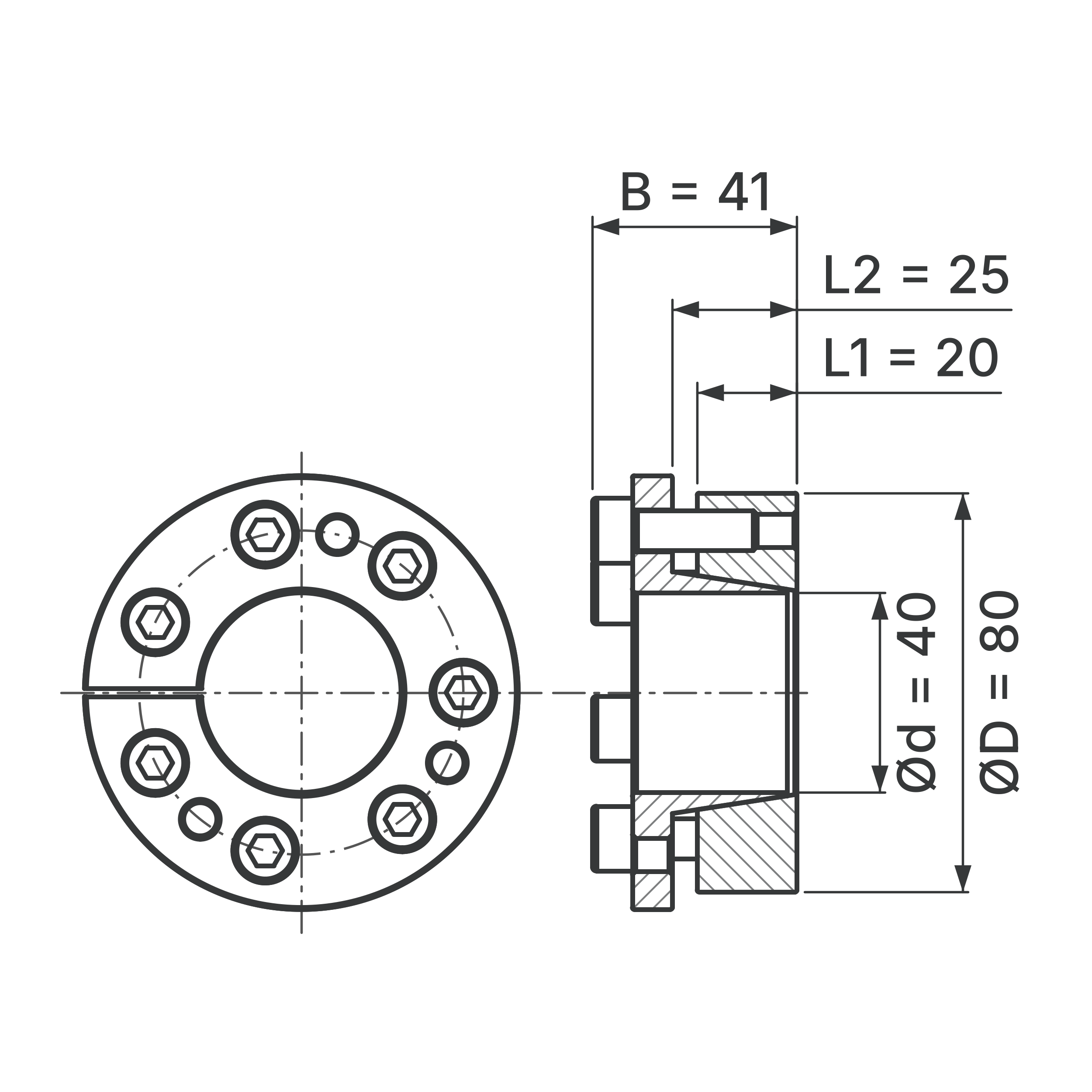 Maßskizze Spannsatz STW31-40x80: Wellen-Ø d, Außen-Ø D, L1, L2, B in mm, schematisch