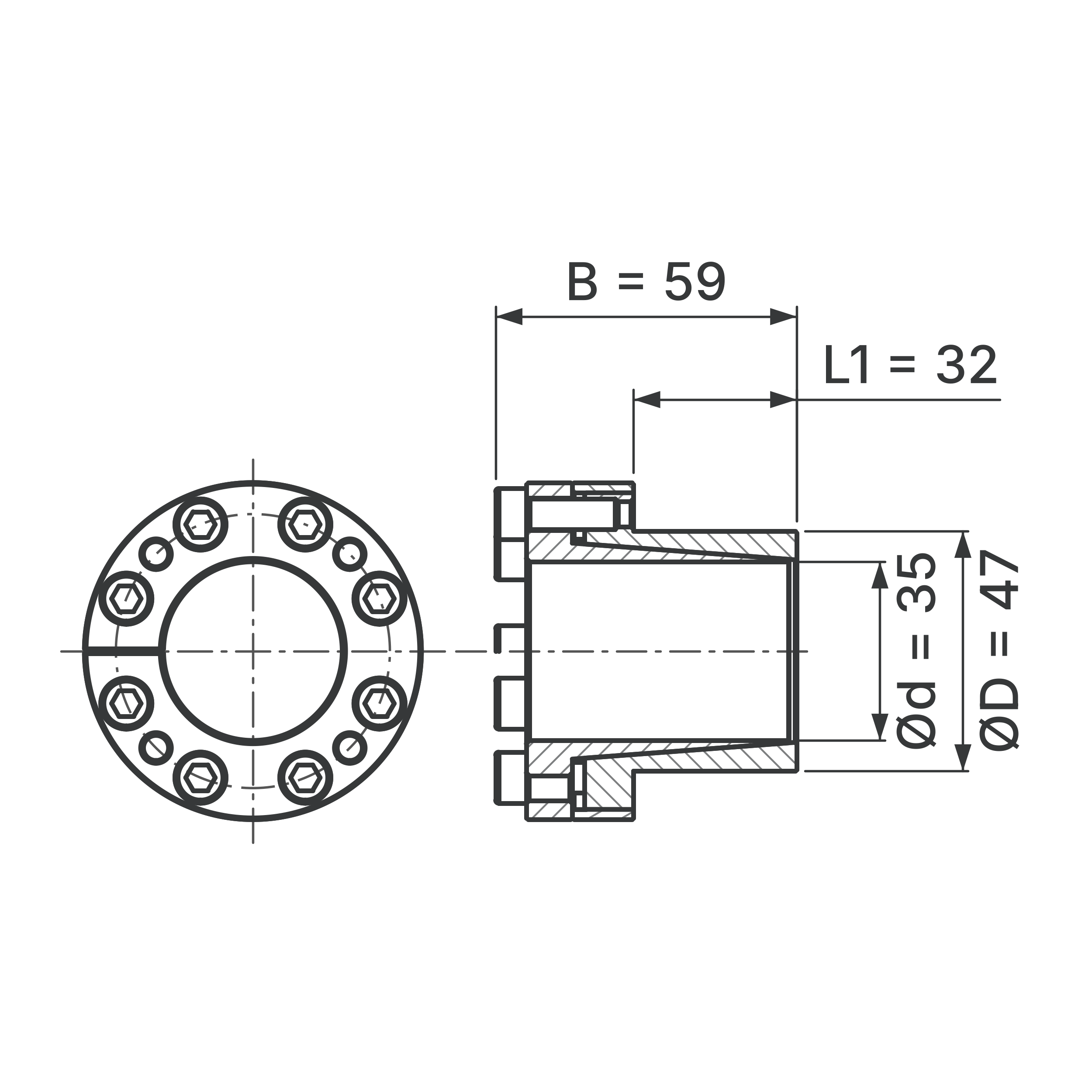 Maßskizze Spannsatz STW27SS-35x47 Edelstahl: Wellen-Ø d, Außen-Ø D, L1, B in mm, schematisch