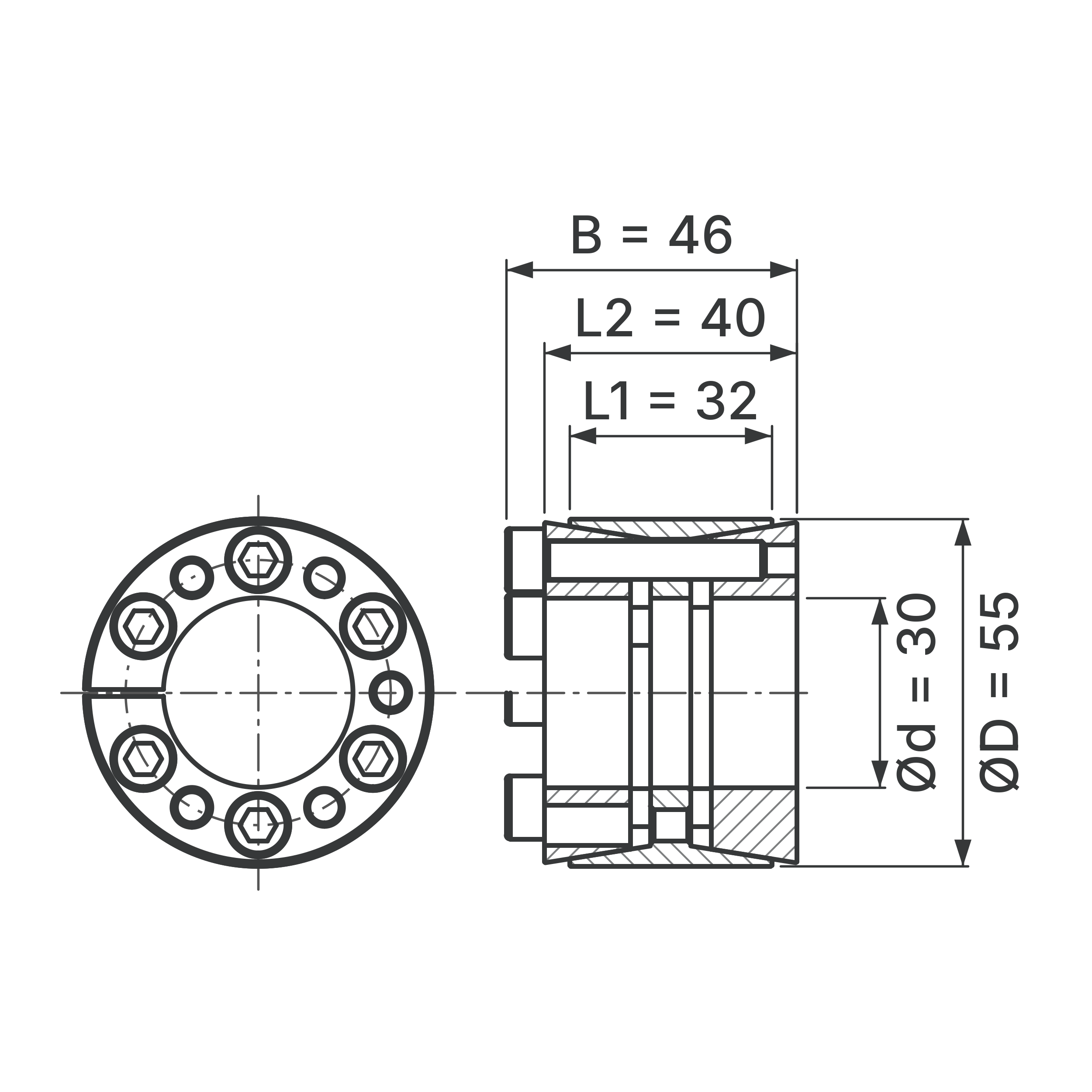 Maßskizze Spannsatz STW33-30x55: Wellen-Ø d, Außen-Ø D, L1, L2, B in mm, schematisch