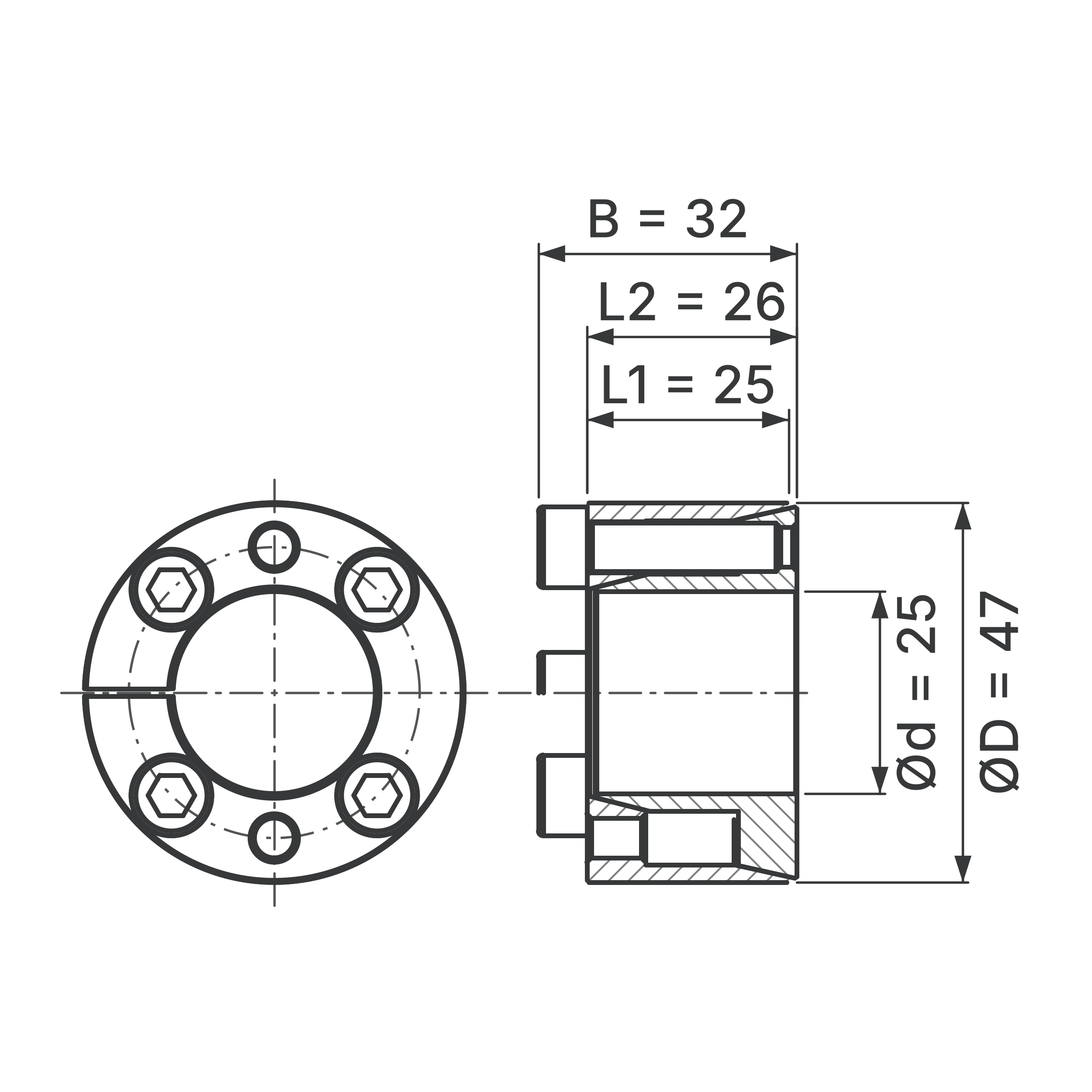 Maßskizze Spannsatz STW71-25x47: Wellen-Ø d, Außen-Ø D, L1, L2, B in mm, schematisch