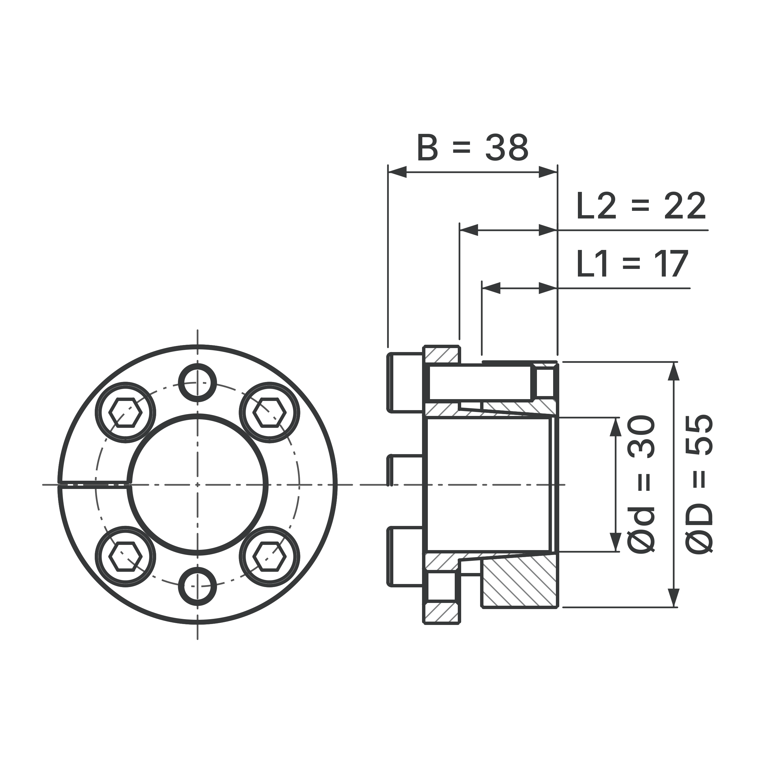 Maßskizze Spannsatz STW31-30x55: Wellen-Ø d, Außen-Ø D, L1, L2, B in mm, schematisch