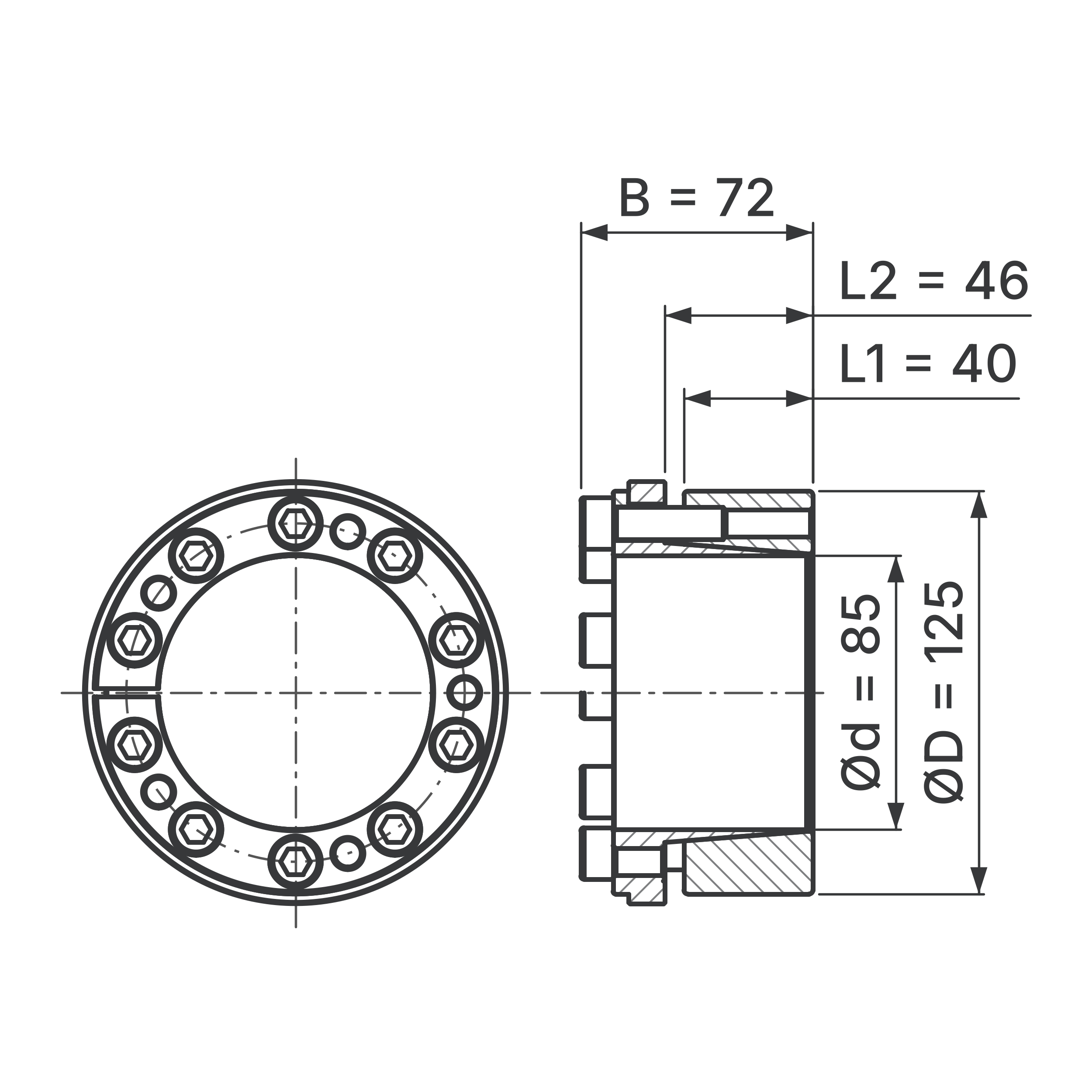Maßskizze Spannsatz STW73-85x125: Wellen-Ø d, Außen-Ø D, L1, L2, B in mm, schematisch
