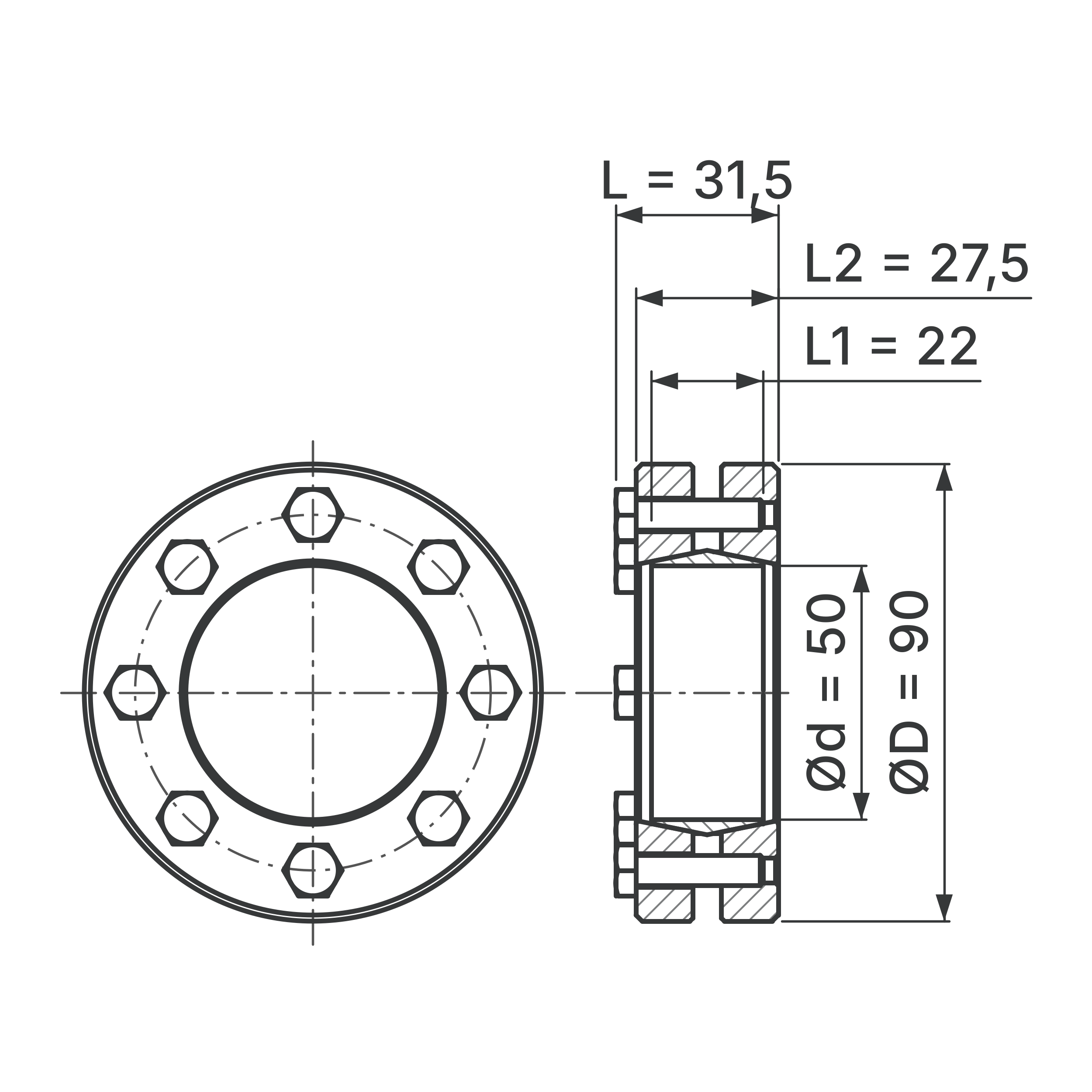 Maßskizze Schrumpfscheibe STW96-50x90: Bohrungs-Ø d, Außen-Ø D, L, L1, L2 in mm, schematisch