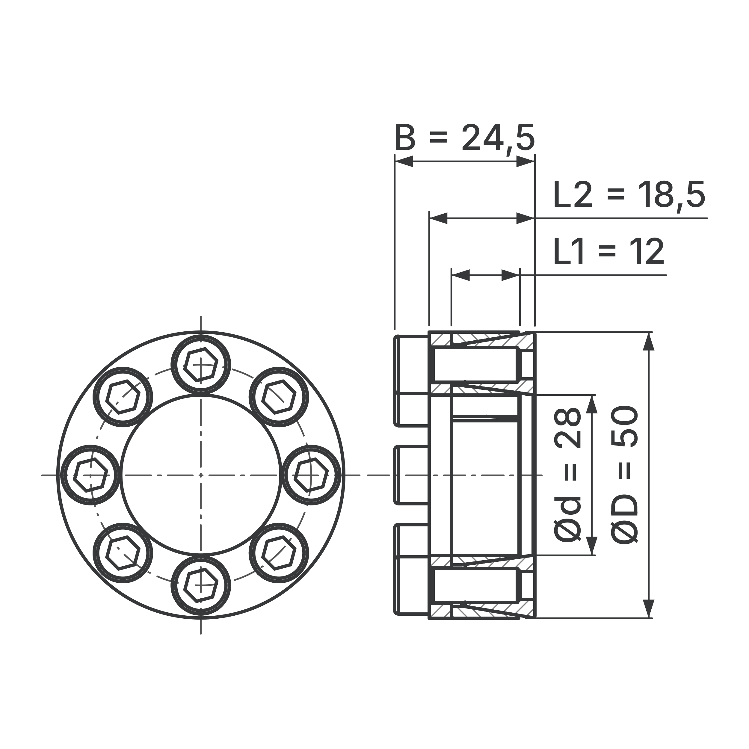 Maßskizze Spannsatz STW29-28x50: Wellen-Ø d, Außen-Ø D, L1, L2, B in mm, schematisch
