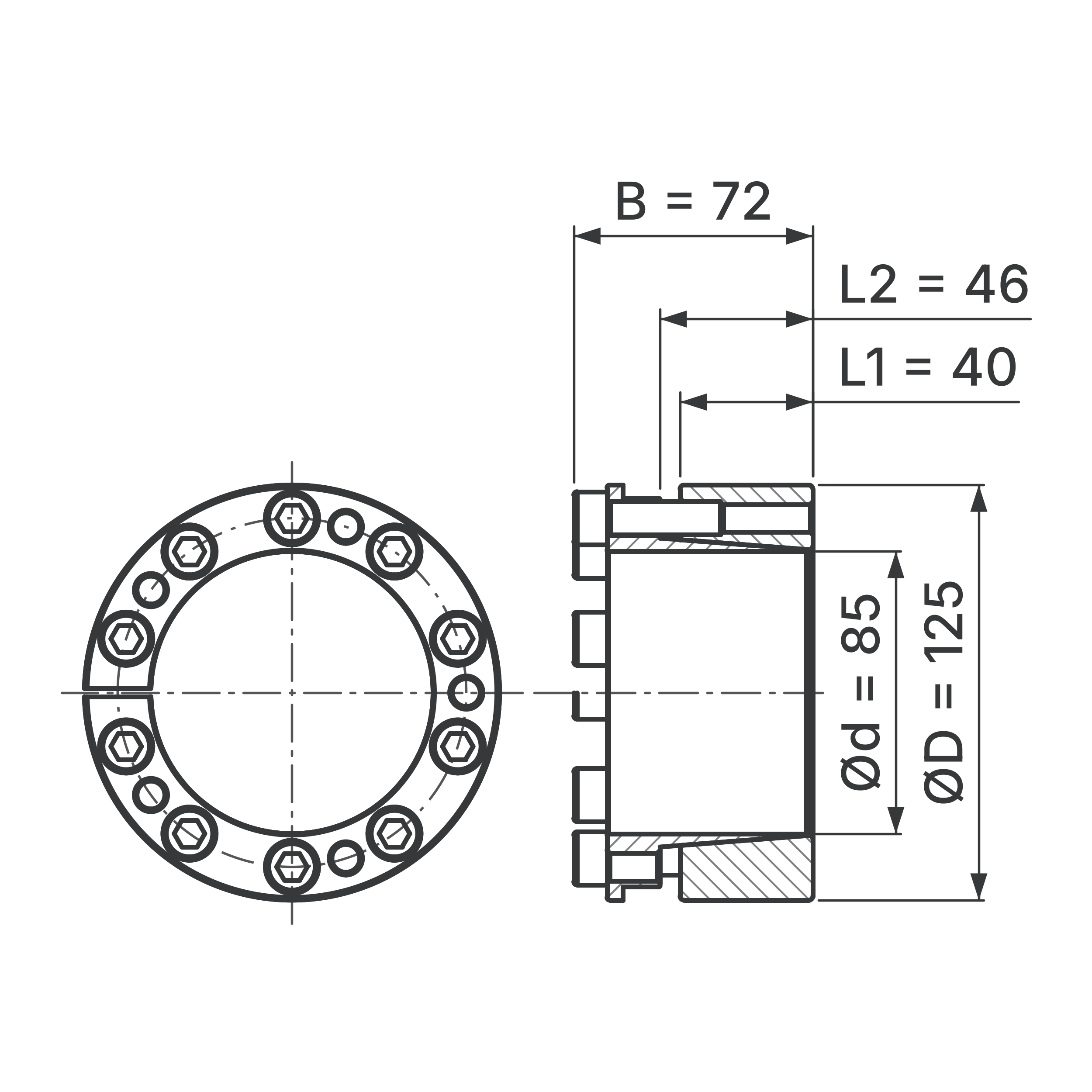 Maßskizze Spannsatz STW26-85x125: Wellen-Ø d, Außen-Ø D, L1, L2, B in mm, schematisch