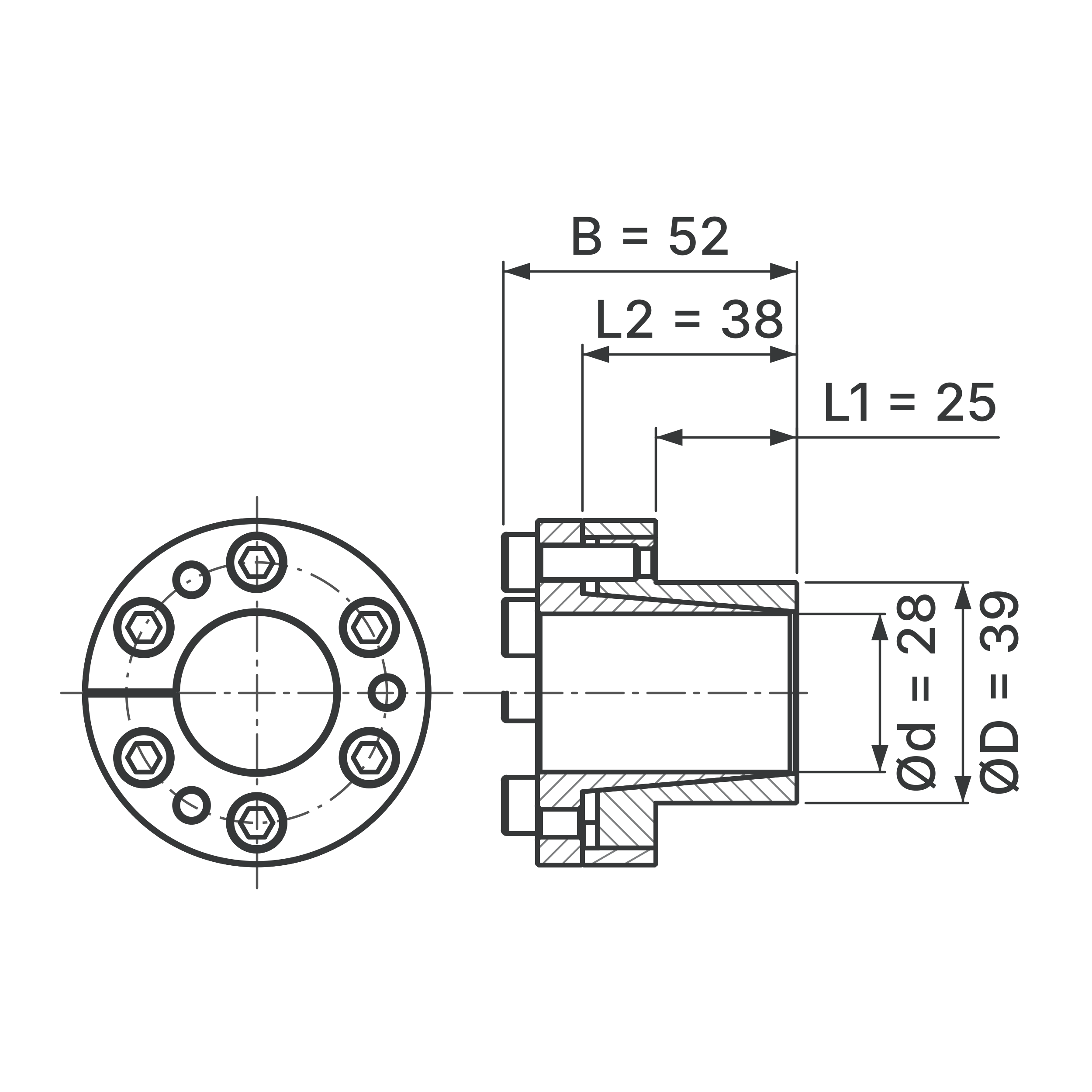 Maßskizze Spannsatz STW27SS-28x39 Edelstahl: Wellen-Ø d, Außen-Ø D, L1, L2, B in mm, schematisch